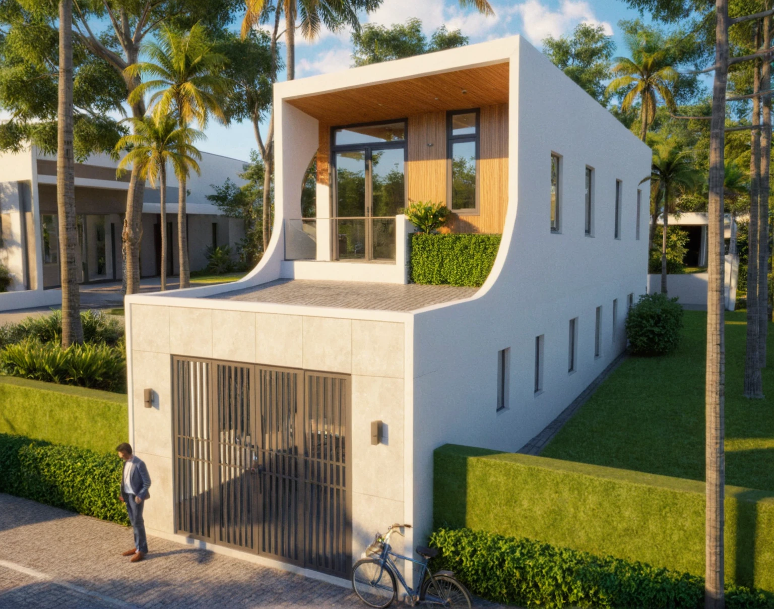 Raw photo,Masterpiece, high quality, best quality, authentic, super detail,
exterior, outdoors, house style modern on the street, glass windows, gate, wooden ceiling,
road,pavement, trees, sky, cloud, (daylight:1.1)