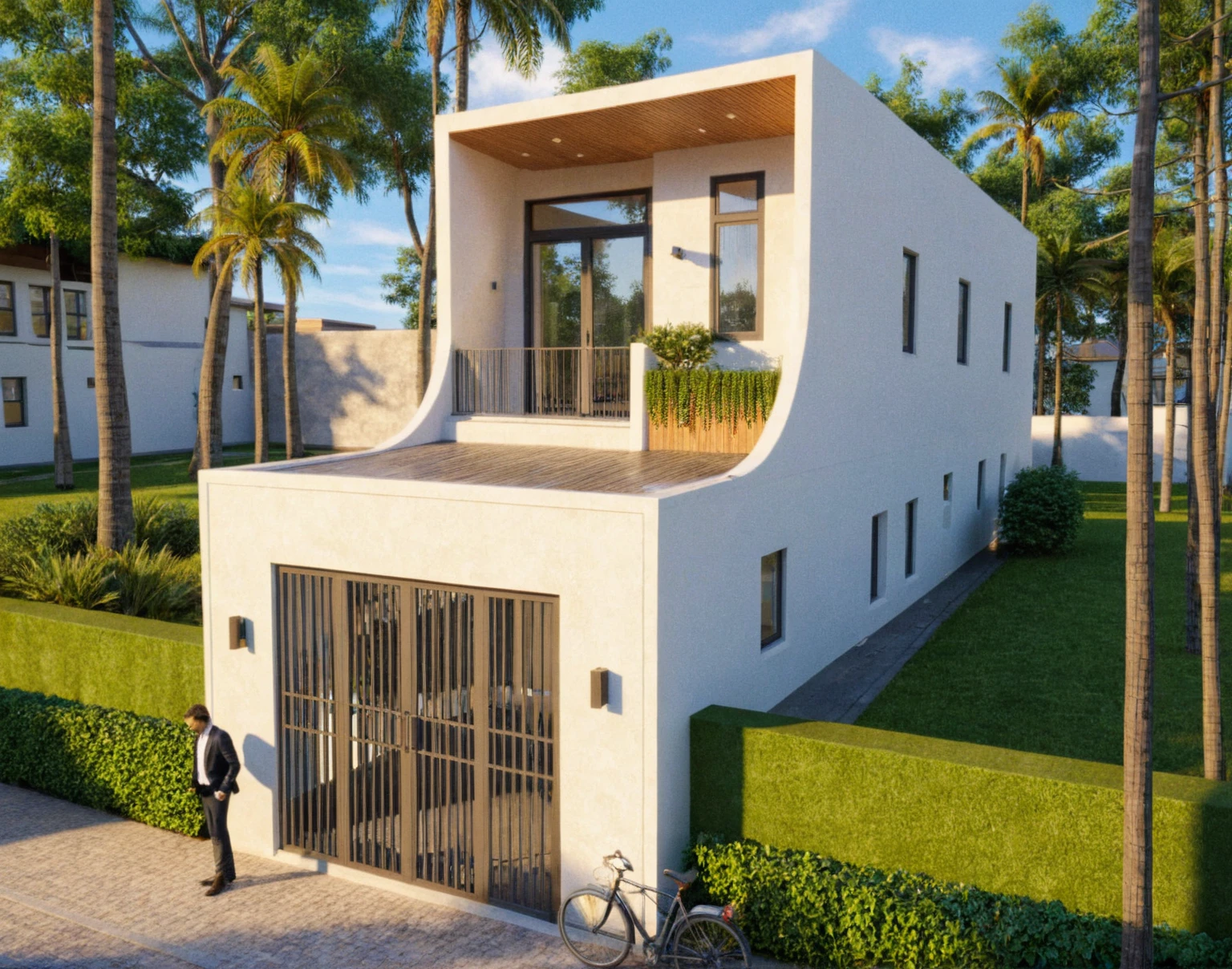 Raw photo,Masterpiece, high quality, best quality, authentic, super detail,
exterior, outdoors, house style modern on the street, glass windows, gate, wooden ceiling,
road,pavement, trees, sky, cloud, (daylight:1.1)