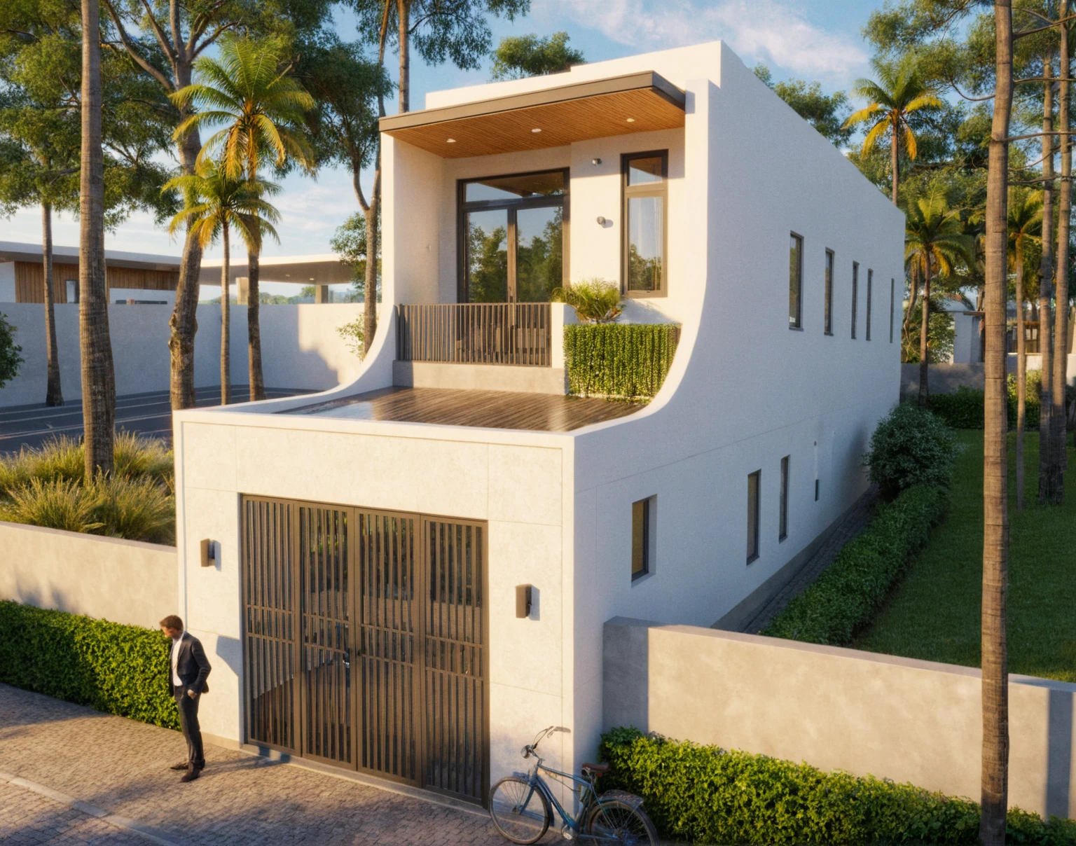 Raw photo,Masterpiece, high quality, best quality, authentic, super detail,
exterior, outdoors, house style modern on the street, glass windows, gate, wooden ceiling,
road,pavement, trees, sky, cloud, (daylight:1.1)