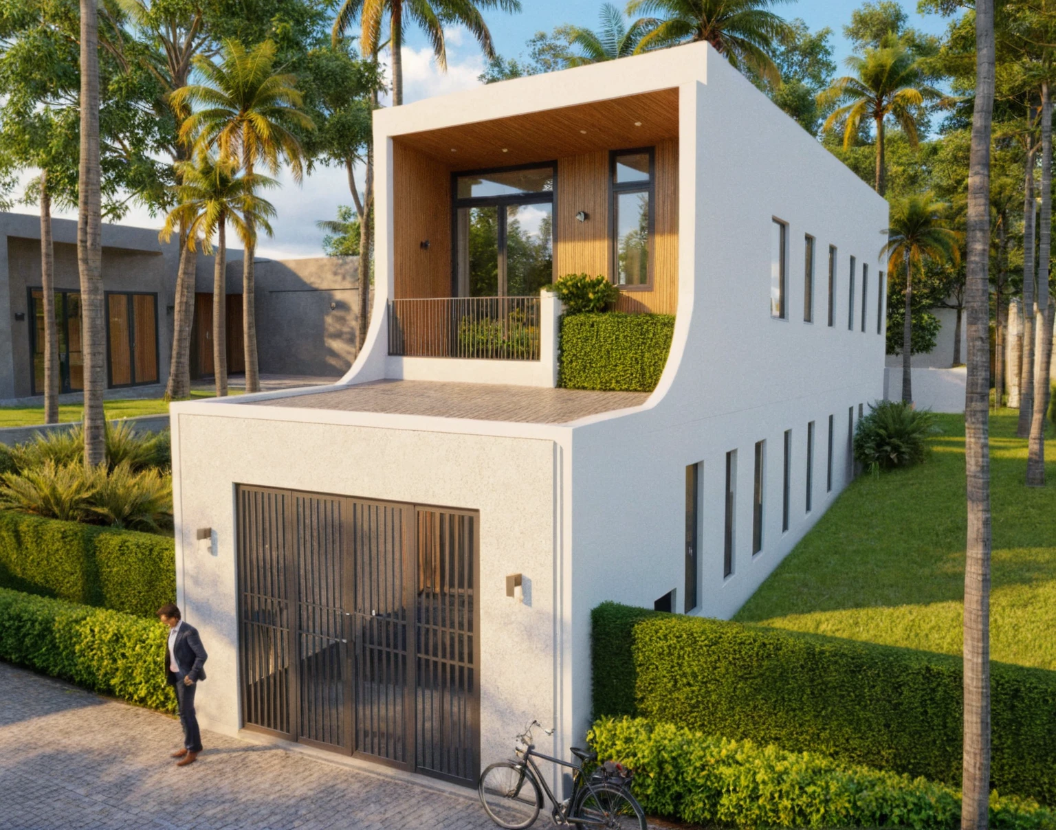 Raw photo,Masterpiece, high quality, best quality, authentic, super detail,
exterior, outdoors, house style modern on the street, glass windows, gate, wooden ceiling,
road,pavement, trees, sky, cloud, (daylight:1.1)