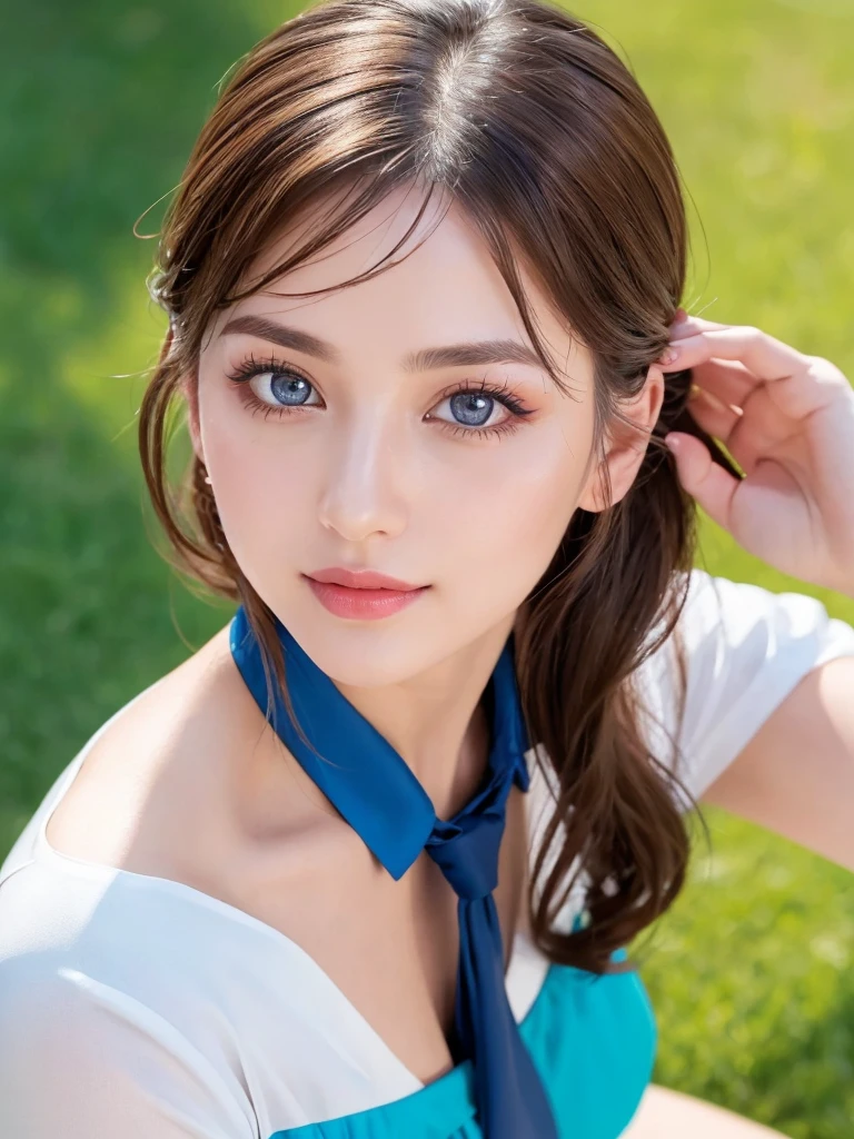 Here is the photorealistic image:
A stunning young woman with flawless mid-parted hair, subtle blush, and goosebumps on her skin gazes directly into the camera lens. Her piercing blue eyes sparkle as she wears a vintage-inspired uniform consisting of a fitted blouse and high-waisted pants. The soft, cinematic lighting accentuates the textured and dry skin, showcasing visible details like dull skin noise and subsurface scattering.
Her fingers appear perfect, with remarkable colors emphasized throughout the image. Vibrant, blowing hair frames her face as she poses in mid-flight amidst a serene garden filled with blooming flowers. Her full lips curve into a mischievous grin, capturing charming, cute, and beautiful expressions shining like a sunset amidst a rainbowish aura.
The flowing dress made of ultra-detailed petals appears to dance across her figure as she takes flight. Set against the lush backdrop of colorful blooms, every detail of her striking features is captured, including huge breasts and captivating eyes. The copper orange latex suit shines under studio lighting, contrasting with the vibrant school swimwear lounging by the pool's edge.
Her detailed facial features, accurate skin texture, and dark-blue eyes with double eyelids captivate the viewer. Thin eyebrows frame her natural cheeks, while fair skin glows beneath glitter eyeliner. Her glossy lips curve into a subtle, seductive smile as she stares directly at the camera from above, her tie-dyed brown hair tied in a ponytail framing her face.
The intimate, overhead shot focuses on her captivating gaze, highlighting her innocent charm and notable physical attributes.