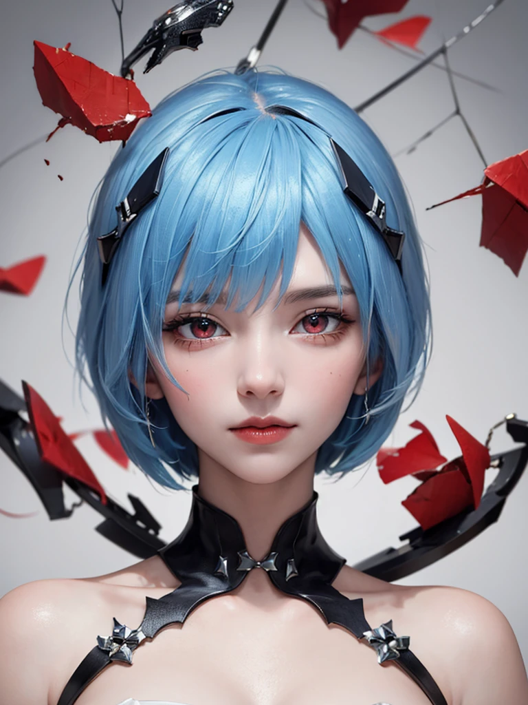 Masterpiece, Best Quality, 8K, Detailed Skin Texture, Detailed Cloth Texture, Beautiful Detail Face, Intricate Detail, Ultra Detailed, Portrait of Rei Ayanami, Blue Hair, Red Eyes, Head Tilt, No Background