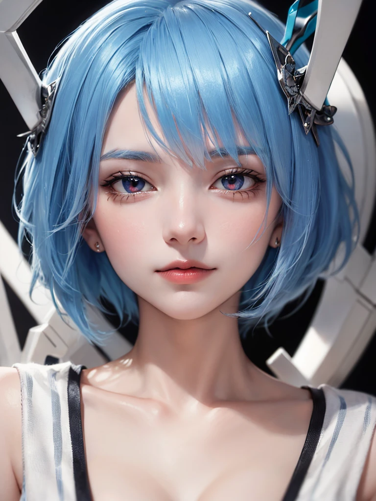 Masterpiece, Best Quality, 8K, Detailed Skin Texture, Detailed Cloth Texture, Beautiful Detail Face, Intricate Detail, Ultra Detailed, Portrait of Rei Ayanami, Blue Hair, Red Eyes, Head Tilt, No Background
