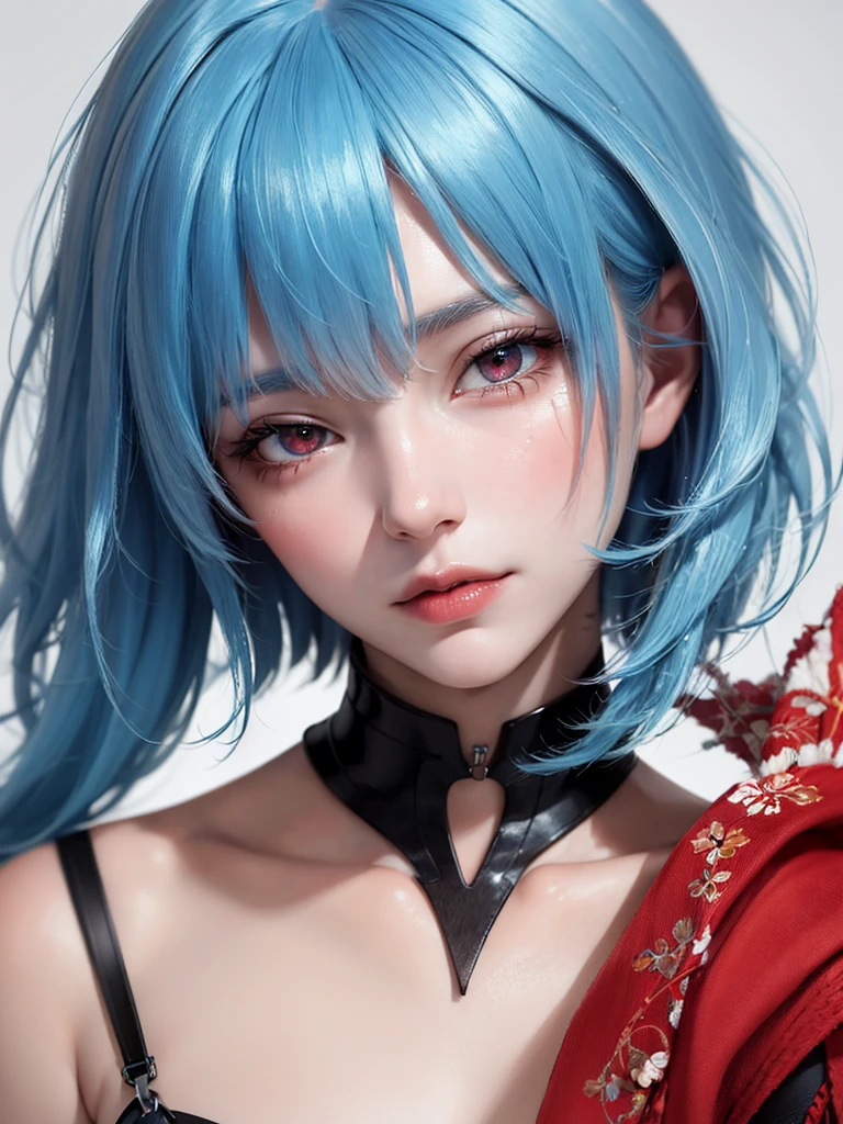 Masterpiece, Best Quality, 8K, Detailed Skin Texture, Detailed Cloth Texture, Beautiful Detail Face, Intricate Detail, Ultra Detailed, Portrait of Rei Ayanami, Blue Hair, Red Eyes, Head Tilt, No Background