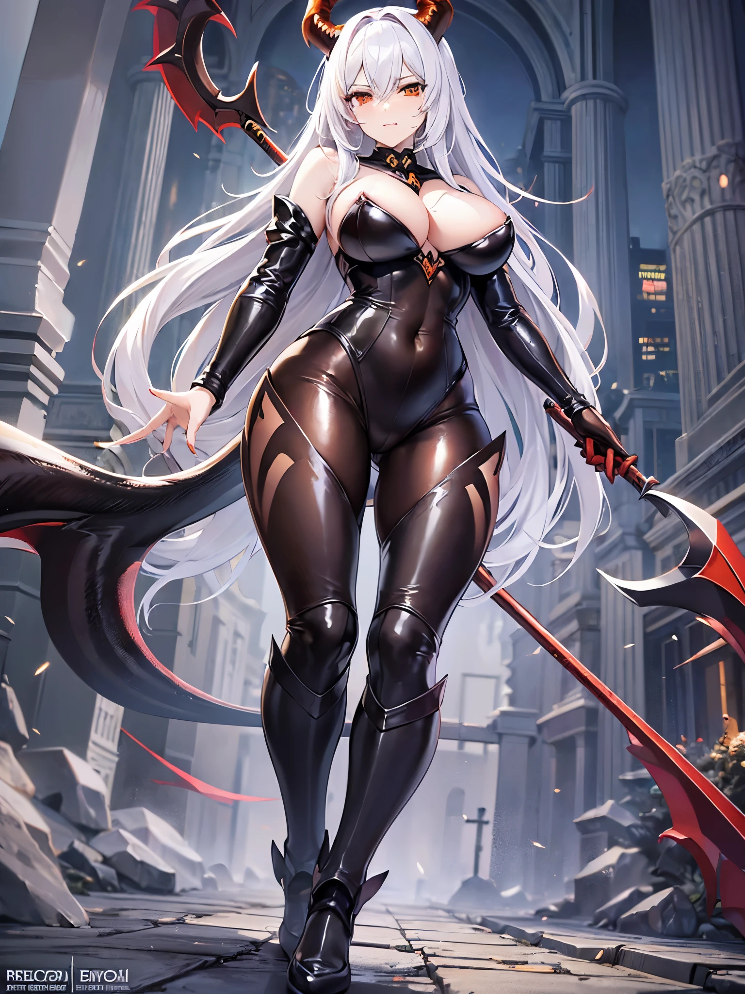 ((Highest quality)),(Ultra-high resolution),(Super detailed),(Detailed Description),((The best CG)),(masterpiece),Highly detailed art,(Art with precise details:1.5), (Female Devil:1.5),(sneer:1.3),(Big Breasts:1.6),(Red and black leather suit:1.6),Beautiful feet:1.6,Sharp Claws:1.6,Sharp Boots:1.4,((Scythe:1.5), (Pale-white fireball:1.6)