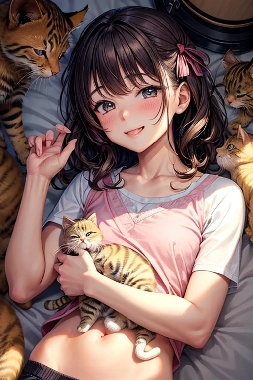 3 kittens,A man and his kitten,Man surrounded by kittens,smile,Refreshing Men,とびっきりの優しいsmile,Mouth wide open,blush,猫もsmile,room,bed