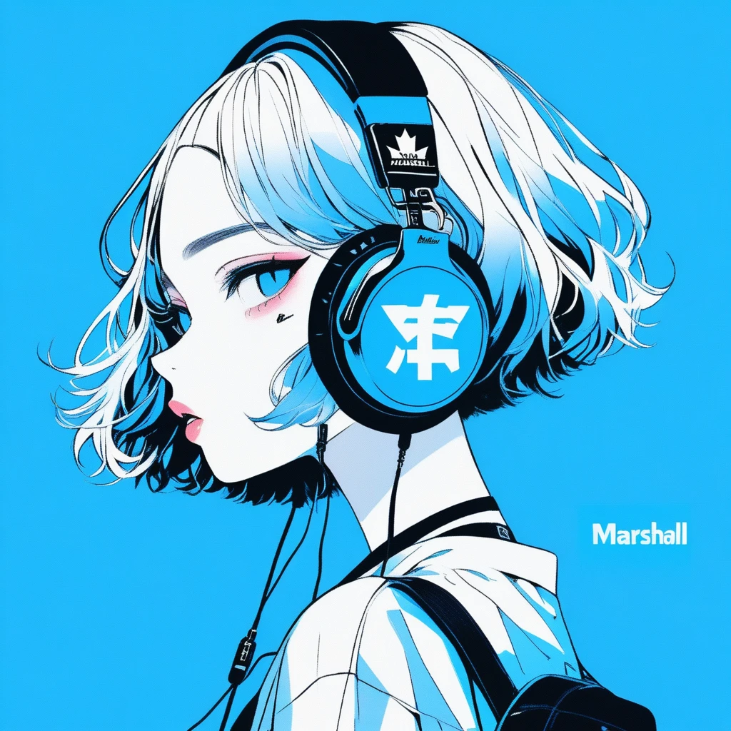 ilustrador, Japanese cartoons , Practical ,sketch , 1 girl, ,Lips, summer,Short sleeve,Order, Blue gradient background, Neon hair,Texture decoration, Canada, (masterpiece,best quality) glycerin,she is wearing black, square-shaped headphones around his neck, with the Marshall logo on them.