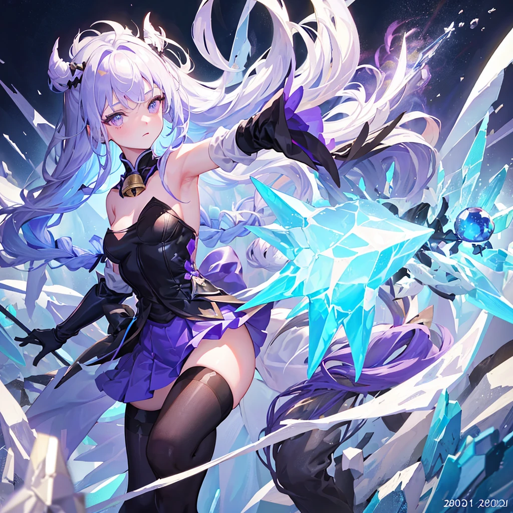One girl, alone, whole body, Hired_Genshin Impact, Long Hair, Blue Hair, Purple eyes, horn, Exposing shoulders, Neck bell, Black Pantyhose, Removable sleeves, Black gloves, Pelvic Curtain, Outdoor, Mountain, ice-flurry, ice-arrow, ice, crystallization, ice flower, magic, Dynamic pose, Has a bow weapon,(masterpiece, Highest quality, Highest quality), pixel,pixel art,One girl,whole body,Elegant and sexy girl,Purple eyes,Very long twin braids。vector,Bright colors,((Dot))