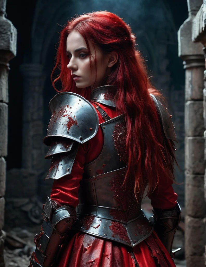 quality(8k wallpaper of extremely detailed CG unit, ​masterpiece, hight resolution, top-quality, top-quality real texture skin,hyper realisitic, digitial painting,increase the resolution,RAW photos，best qualtiy,highly detailed,the wallpaper),BREAK,8K, Girl in red messy and dirty armor , darkfantasy, standing in middle of ghotic castle , shot from back, long messy red hair, night, horror scene, horror movie, horror mood