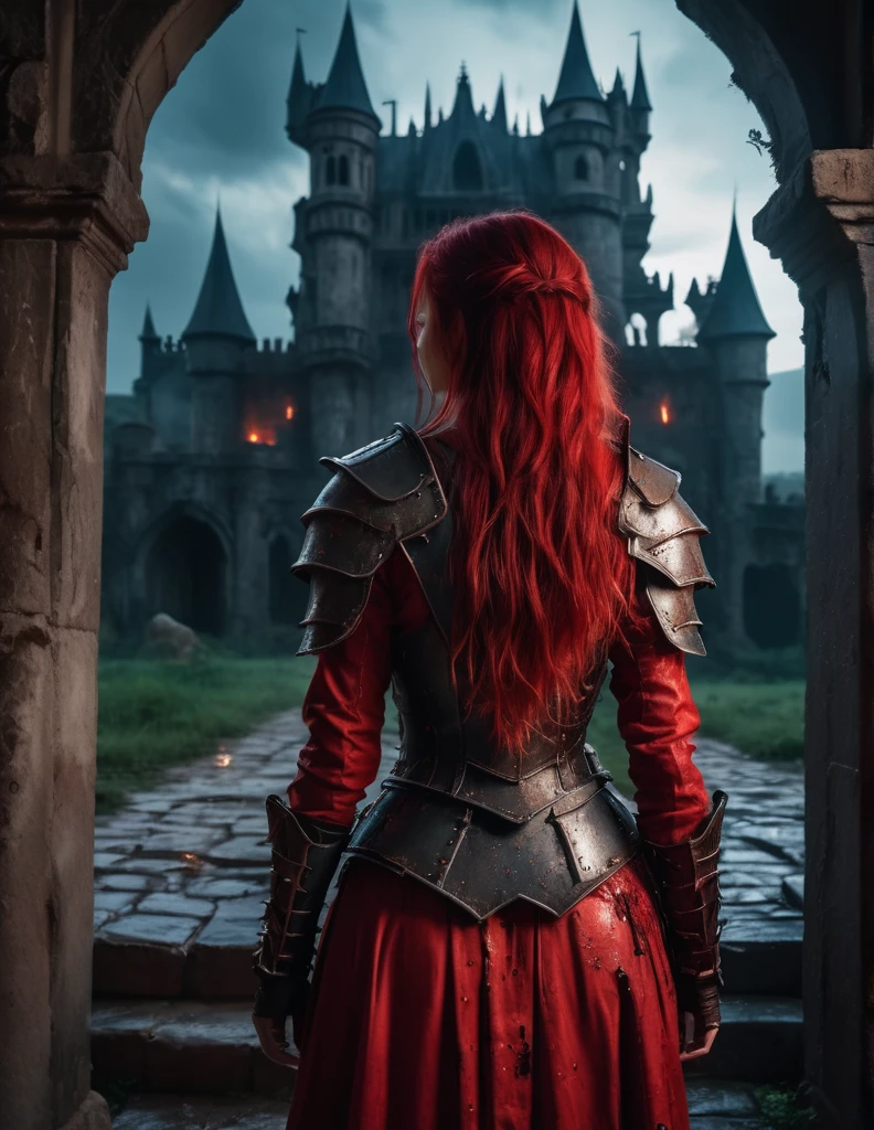 quality(8k wallpaper of extremely detailed CG unit, masterpiece, hight resolution, top-quality, top-quality real texture skin,hyper realisitic, digitial painting,increase the resolution,RAW photos,best qualtiy,highly detailed,the wallpaper),BREAK,8K, Girl in red messy and dirty armor , darkfantasy, standing in middle of ghotic castle , shot from back, long messy red hair, night, horror scene, horror movie, horror mood