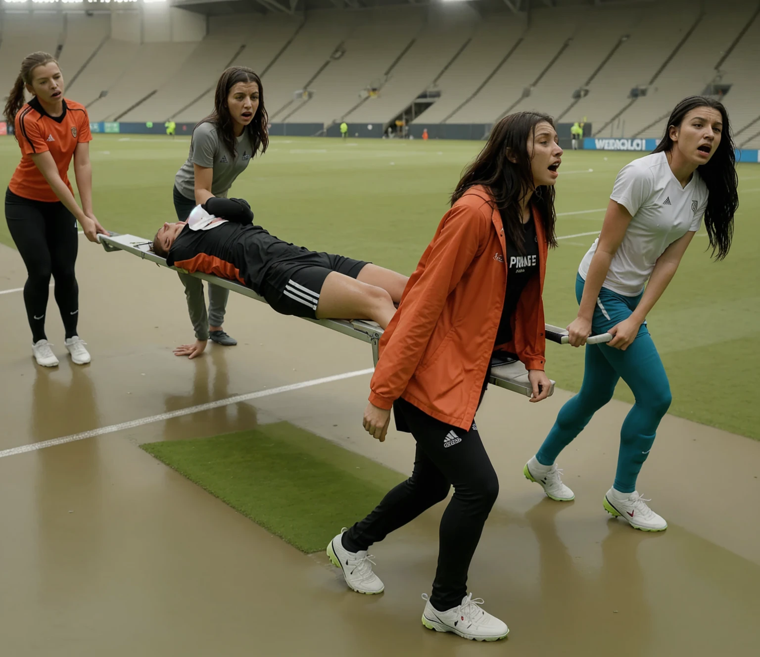 a soccer scene in a sports stadium, cool and wet weather conditions, humide ground, rainy sky, injury scene in a sports stadium, stretcher carry, there are four female medics carrying a stretcher, there are four female medics in very shiny coats who are carrying a stretcher in a sports stadium, there is a wounded male soccer player in a matte short cotton sports outfit lying on the stretcher, an injured male soccer player in matte cotton sportswear is lying in pain on a stretcher, a soccer player in matte cotton sports clothes is rearing up in intense pain while lying on a stretcher, dramatic scene, theatralic posing scene, dramatic pity scene, injury soccer, first aid, help, pity, there are four female medics in wetlook high-shine coats who are looking very sad and very terrified and very shocked, the injured soccer player is screaming out in pain while he is carried from the pitch on a stretcher