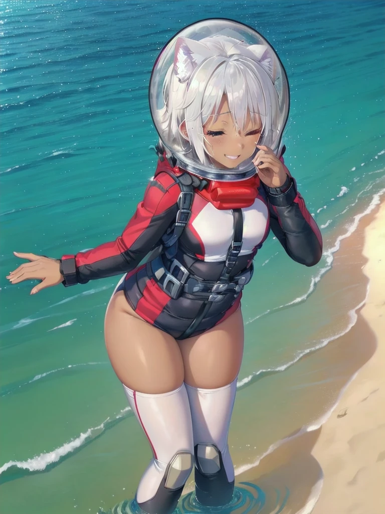 Highly detailed CG, 8k_wallpaper, top quality, masterpiece, higher eyes and nose, very delicate and beautiful, beautiful, detailed, very detailed, intricate, photorealistic, very detailed, (blue eyes: 1), (beautiful hands) , (beautiful fingers ), , (flat chest1.5), necklace (water:1.3), beach, (abs:1.3), (messy hair:1.5), (leaning forward:1), staring audience, (smile:1.3), (one eye closed:1.2), (sweating), (beautiful toes), (:1.5), (1female), (ash white hair:1.5),(middle hair:1 ), (dark skin: 1.4), (thigh girth: 1.3), beautiful, narrow waist, white thigh highs, skin curve, narrow waist, thighs, wide hips, eyeliner, eyelashes, perfect face, detailed eyes, (dark skin : 1.5),,,swimsuit, space helmet, bubble helmet, eva helmet,