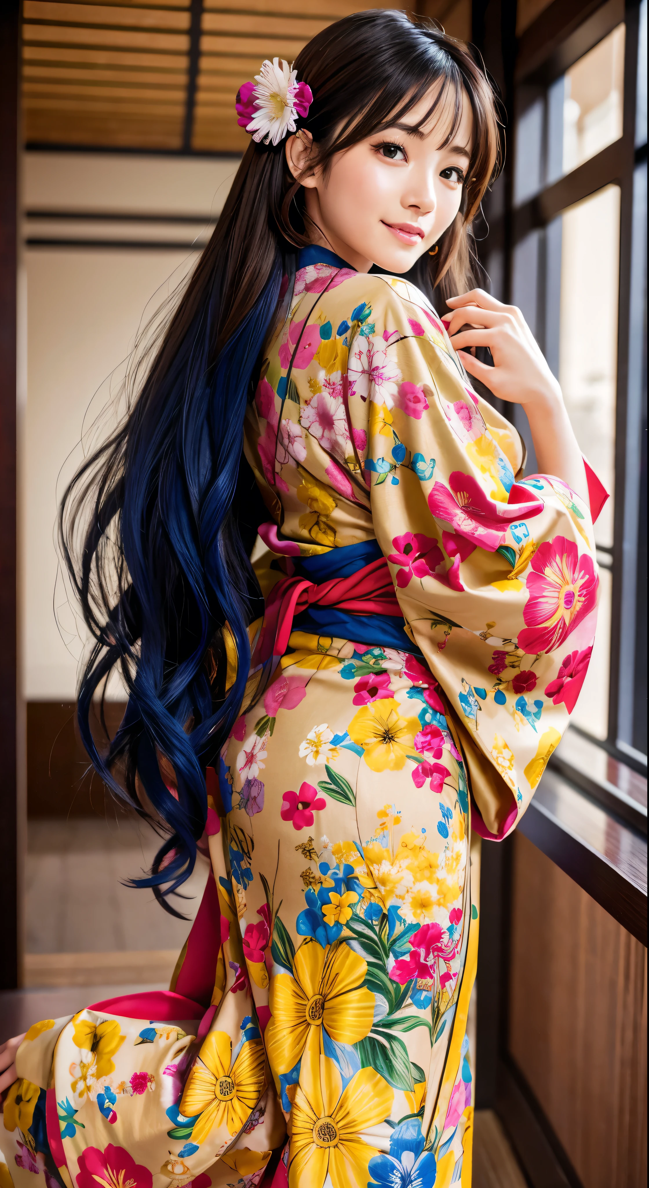 with high definition imageasterpiece、Highest quality、16K 、 Accurate kimono dressing in a Japanese-style room、One person、Enchanting　Beautiful face smiling、Beautiful woman in yellow floral kimono、Red obi kimono、Brown hair cascading down her back、Blue eyes sparkling with admiration、Her long hair flows gently back，Full body high quality images。Facial details
