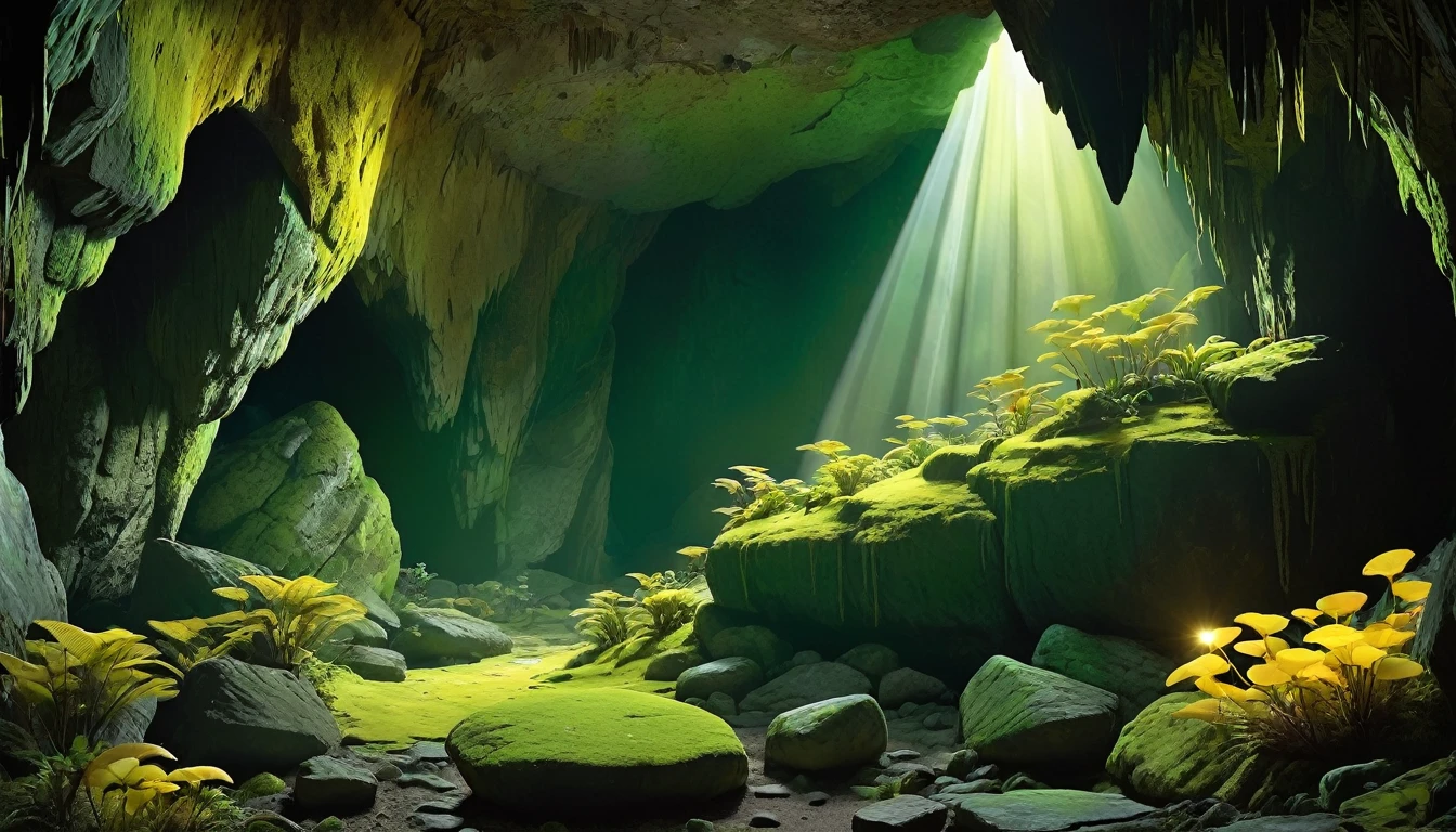 A stunning 3D scene,In a vast and empty space inside a cave,The rocky walls of the cave reflect the light,There is moss on the rocks that glows yellow-green,The yellow-green light shines everywhere in the cave.。Various plants that only appear in mythology grow on the ground and around the cave.,There are also magical little creatures,The atmosphere is mysterious and dreamy。High Detail,High Definition,Complex Imagination