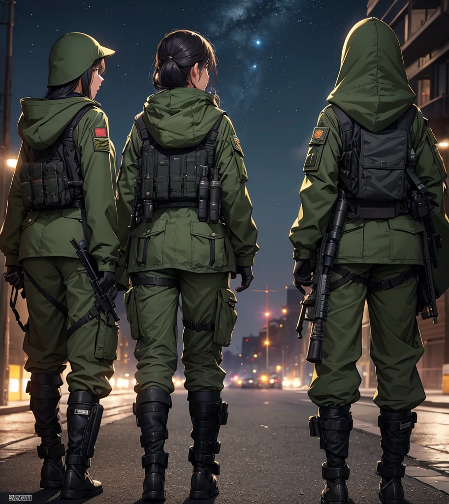View from behind,A group of female soldiers on patrol at night,All wear dark green M-51 hooded military uniforms、Hooded on head、Magazine Pouch、Military Pants、Knee pads,Write details、masterpiece、best quality、Highly detailed CG、8K picture quality