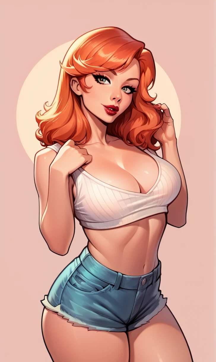 check_9, check_8_up, check_7_up, 1 girl, Simplified background, Asiatic, casual clothes , sunny, beautiful, flirty face, Red lips, sharp eyes, big breasts, big ass, Beautiful eyelashes, cute face, high detail, Hands, seductive face, Good Makeup, Red hair, orange hair, cute face, white top, short shorts