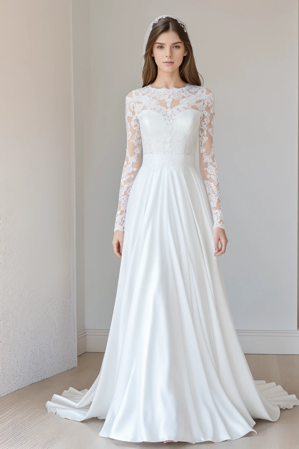 Best quality, 8k, 32k, Masterpiece, Masterpiece, (Photorealistic: 1.4), RAW photo, ultra realistic, 1girl, Fashion model, Wearing a long sleeves wedding dress, lace fabric, full length view, pose Stand upright in white room with a minimalist design, featuring white walls and a clean, modern aesthetic.