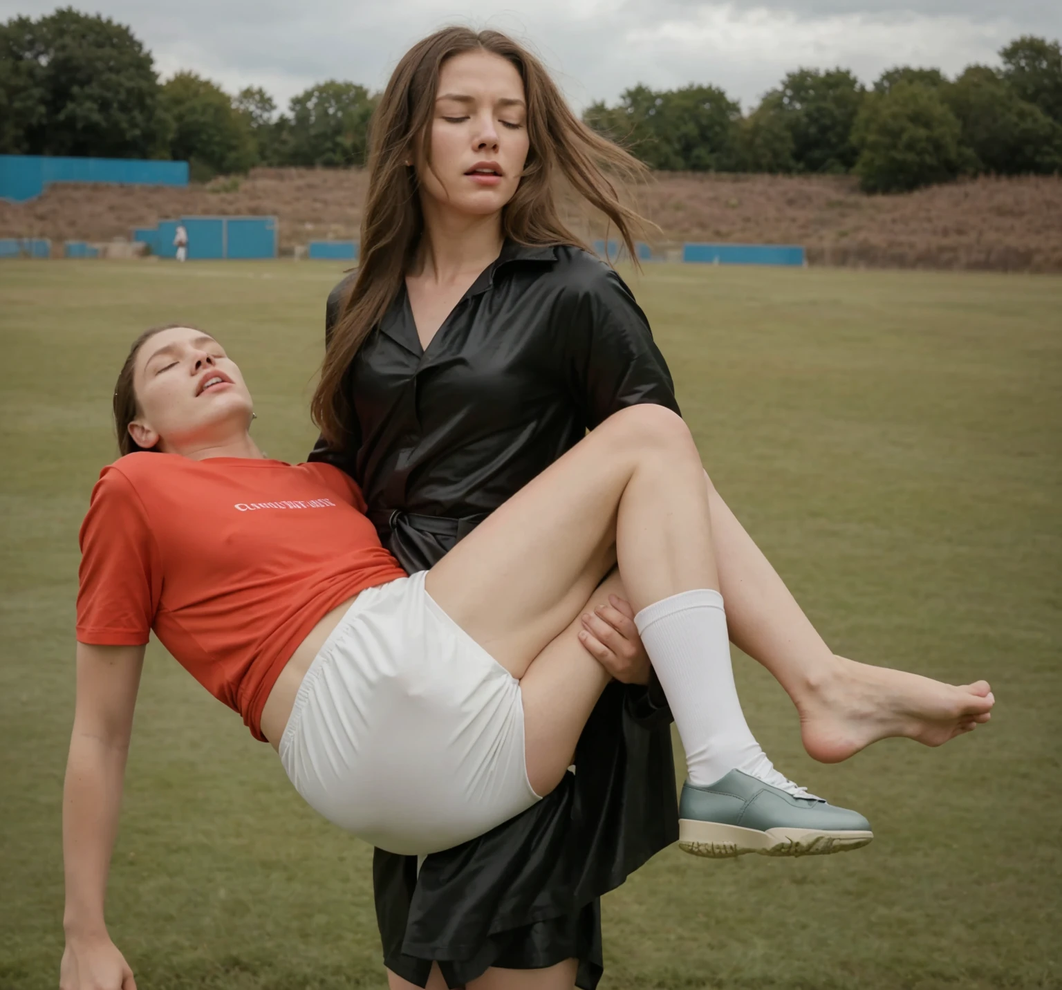 soccer action pose, affection pose, lecherous action pose, dramatic action pose, theatralic pose, there is an attractive woman that is carrying a skinny man, there is a beautiful woman in a shiny coat who is carrying a blond man in her arms, a longhaired beautiful woman in a high-shine black puffy coat, a longhaired woman in a shiny downcoat, a woman is carrying a shorthaired man who is wearing matte cotton shorts and a matte cotton t-shirt, a weak man in matte cotton sports shorts is consciousless and needs to be carried, a shorthaired man with closed eyes is carried in the arms of a longhaired woman, a woman looks very scared and terrified, a consciousless man with closed eyes is suffering very much and has a very painful face, photo, photo shoot, photographed , accident, help, aid, first aid, pity, a bad bruise on a man's ankle