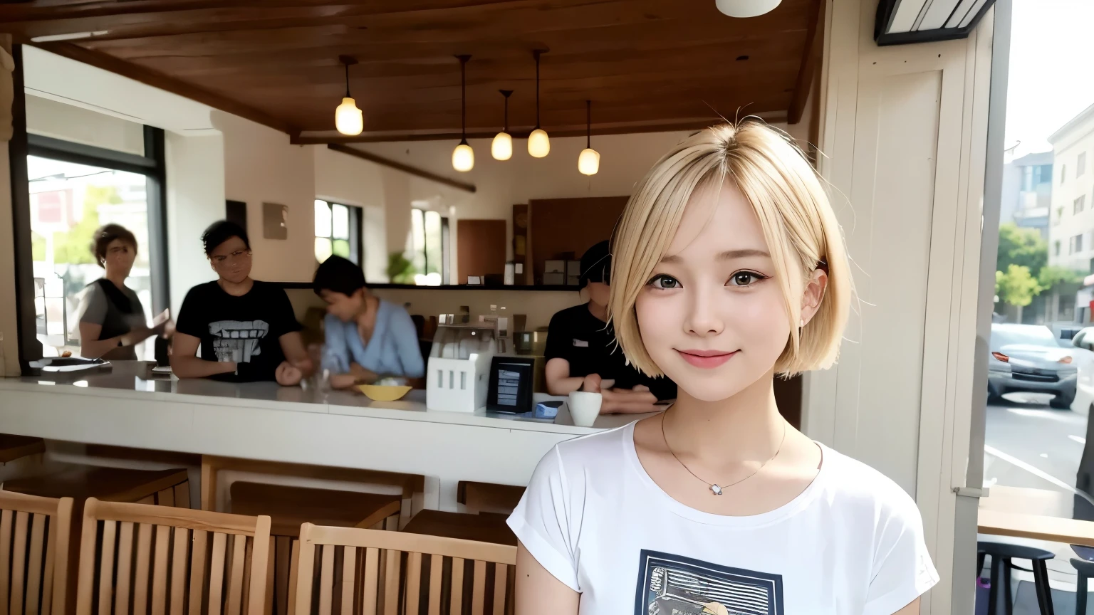 super high quality, Short Hair, Slenderのネックレス, Slender, The staff is working at the counter in the back., (8k、RAW Photos、Highest quality、masterpiece:1.2), Stylish café, The cafe is crowded with people enjoying themselves., (Realistic、Photorealistic:1.37), Female college student, Urban Cafe, Golden Ratio, Raw photo, Cute face , Small breasts, Bright cafe interior, Blurred Background, Blonde hair, Summer clothes, Cafe Terrace, Open Cafe, A kind smile, Hair blowing in the wind, Neat clothes, boyish, T-Shirts, ベリーShort Hair, 18-year-old, younger sister, Stylish clothes,