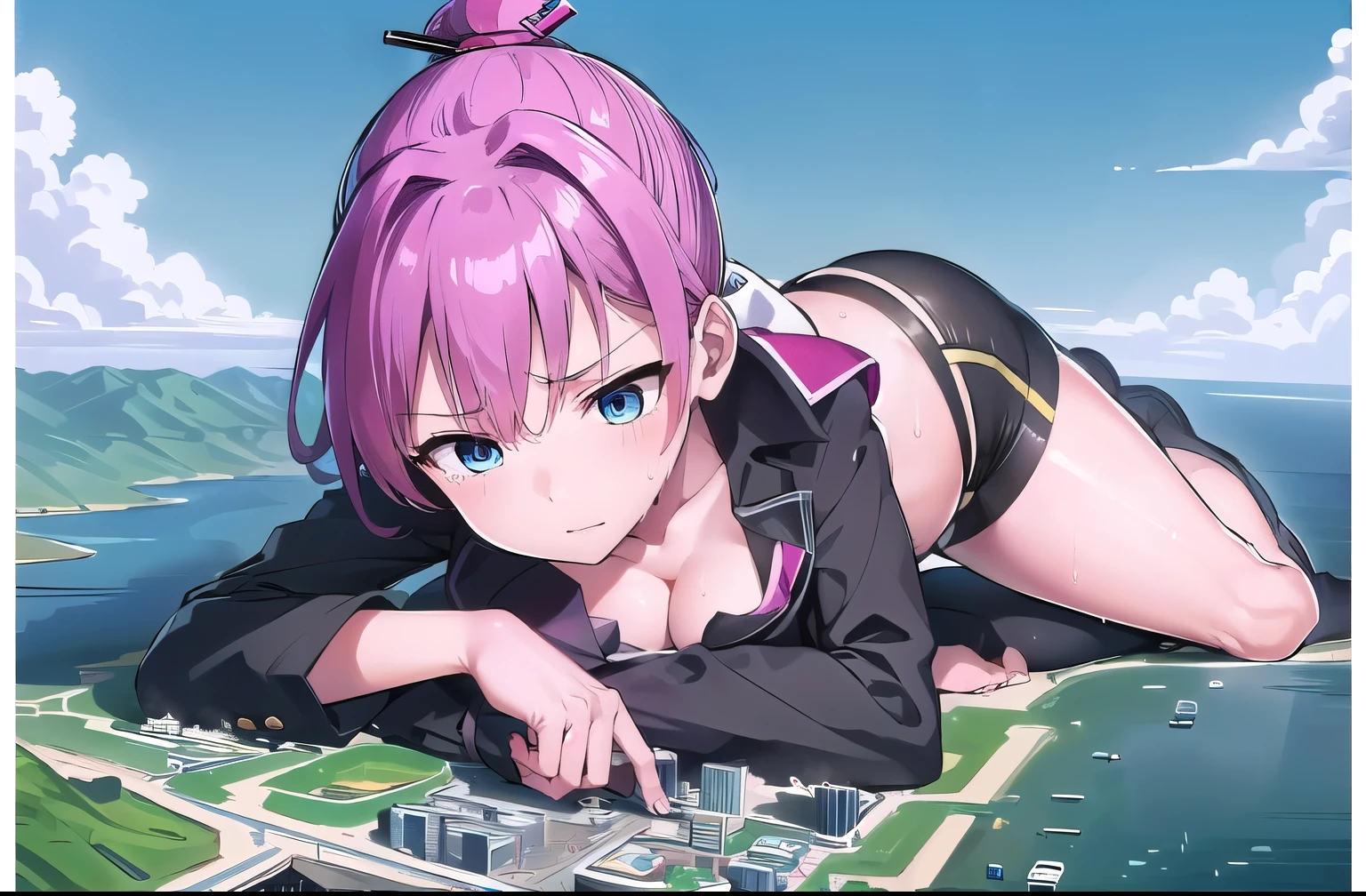 giantess, Only one girl, Lying down, Sleeping girl, (((character Sleeping girl on a mountain top next to a city))), ((Super huge high school girl bigger than a island)), Pleasure, Cleavage, Trying to crush a miniature metropolis, blue eyes, ((destroyed city)), Wearing pink sportswear that shows off her cleavage, Wear black yoga pants underneath, erect nipples, stomach, navel, Long legs, Tightens abs, No chest leakage, crash city, tiny city, micro city, skinny pants, gym room, big assa, city, ((Sweat)), (((Falling sweat))), Thighs, giga giantess, huge craters, Woman crushing a building, Steam from the body, ravines, cracks in the ground, earthquak, null, blue sky, City, shiranui_kantaicollection, pink_hair, short_hair, ponytail, blue_eyes, ((Background on the street)), (((The Girl Who Crushes the City))), first-person view, first-person view, anime, first-person view, anime, best quality, masterpiece, highres