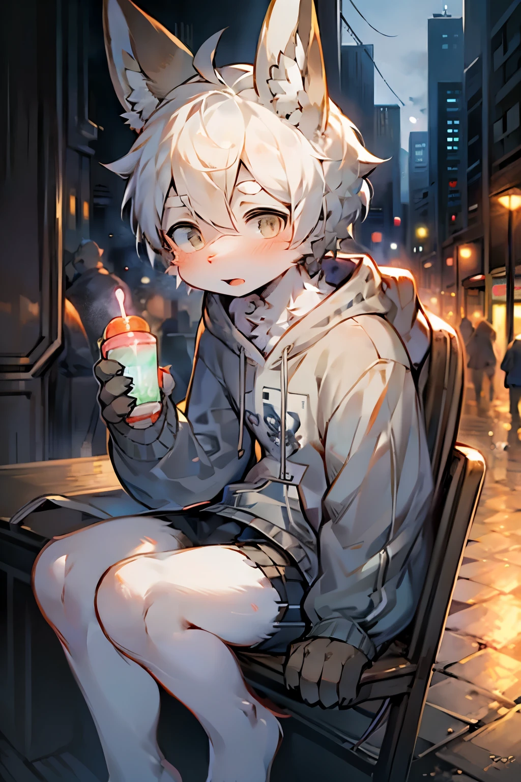 bunny boy,Bunny ears,furry men,Male focus,Baby characteristics,skin,White hair,Grey sweatshirt,City bright background