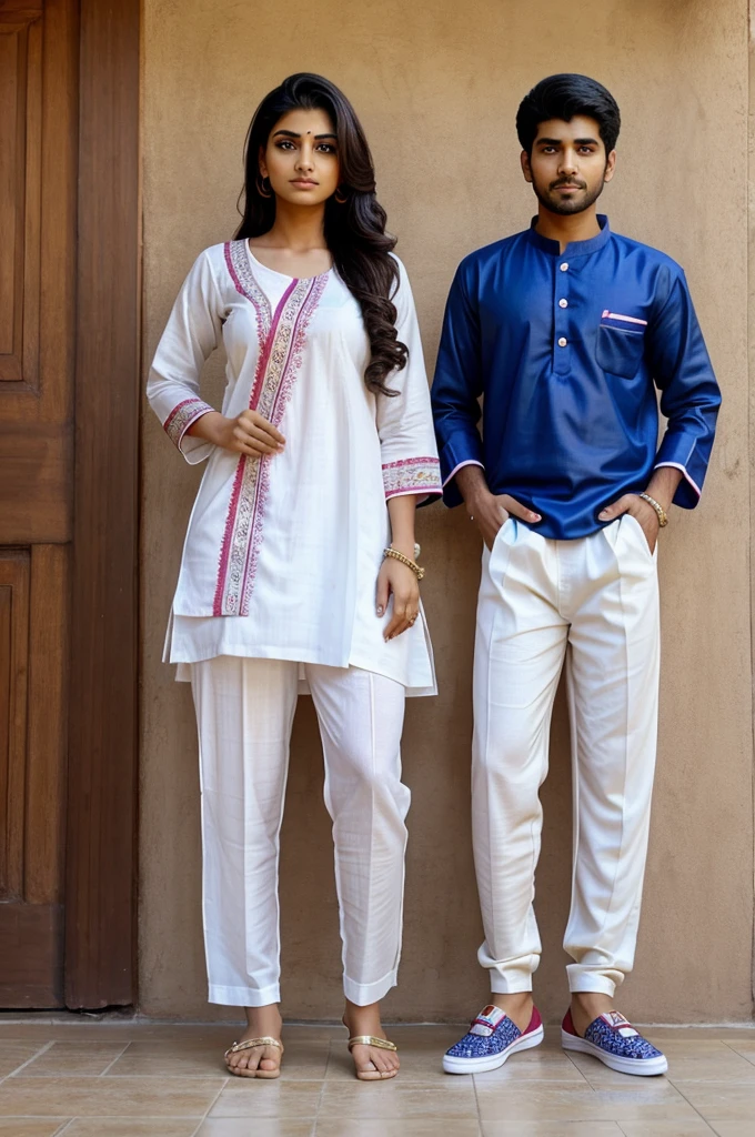 A girl wearing salwar kurta and her brother wearing chola pajama and shoes on both their feet.