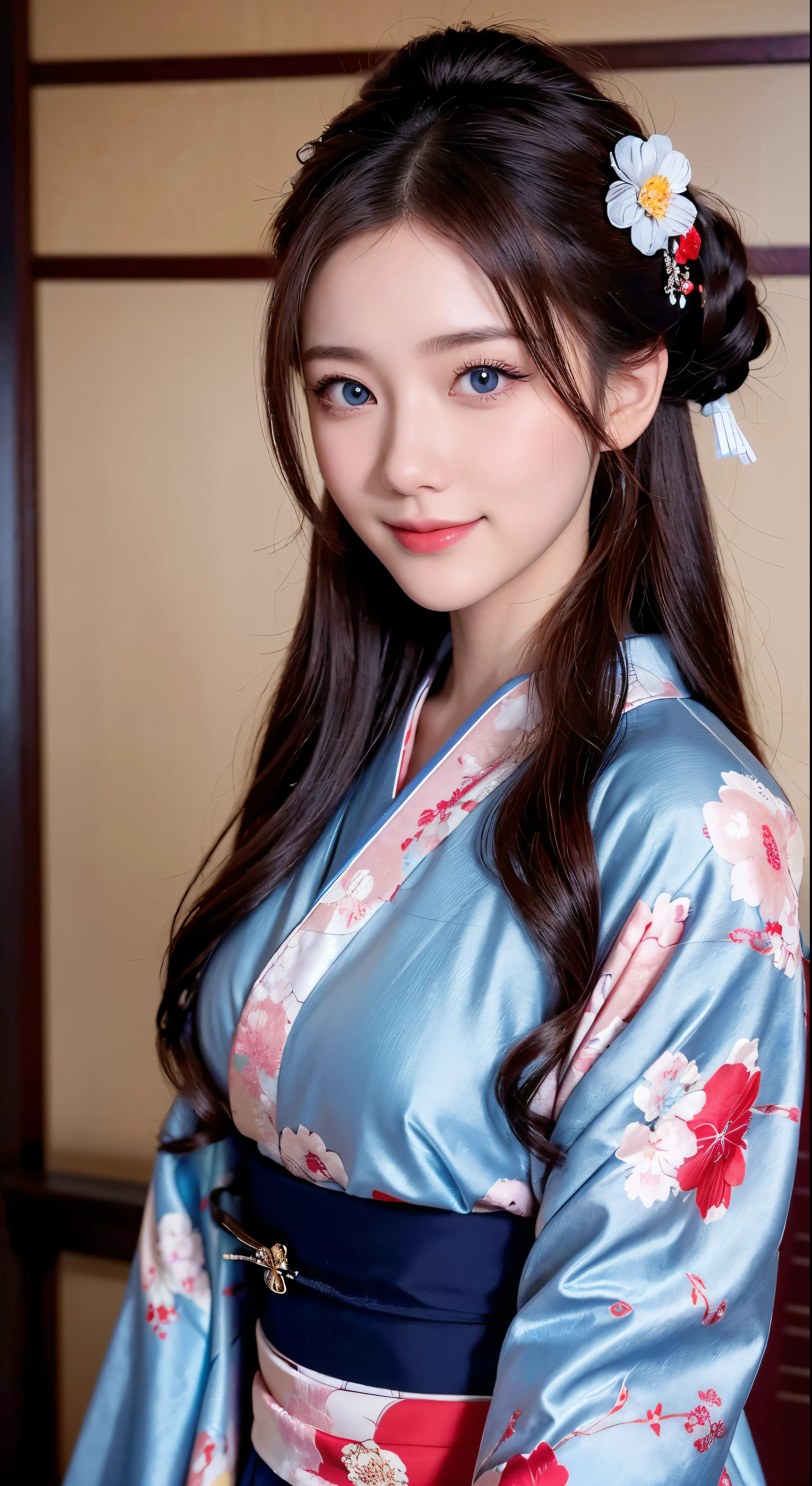 with high definition imageasterpiece、Highest quality、16K 、 Accurate kimono dressing in a Japanese-style room、One person、Enchanting　Beautiful face smiling、Beautiful woman in red floral kimono、Blue obi kimono、Brown hair cascading down her back、Blue eyes sparkling with admiration、Her long hair flows gently back，Full body high quality images。Facial details