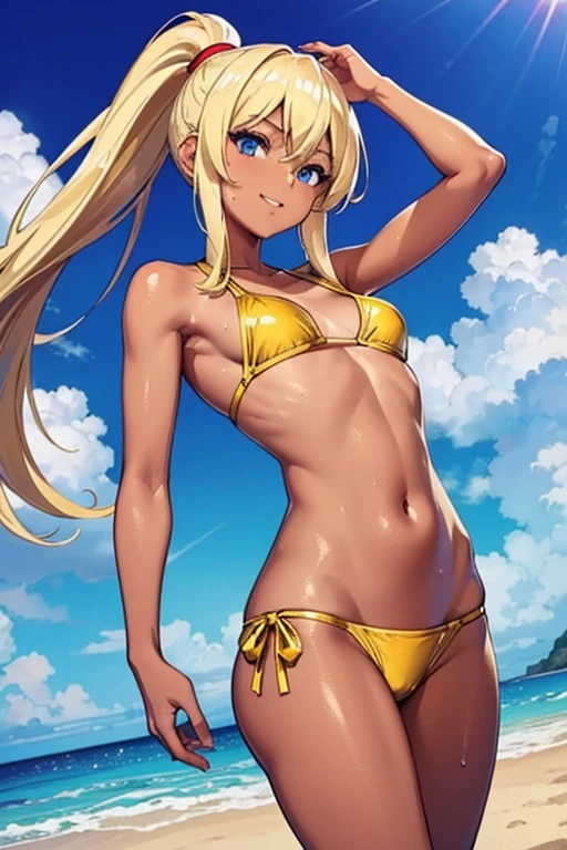 (whiteblonde hair), (very dark tanned skin | extremely shiny oily sweaty glossy skin), samus aran, (golden bikini), (glossy golden mikrobikini | metallic material), panty_with_bows, side-tie bottom, beautiful body, long_ponytail, small_boobs, flat chest, happy laughing at viewer, happy cheering, thin_body, beach, blue_eyes, beautiful, high resolution, 8k