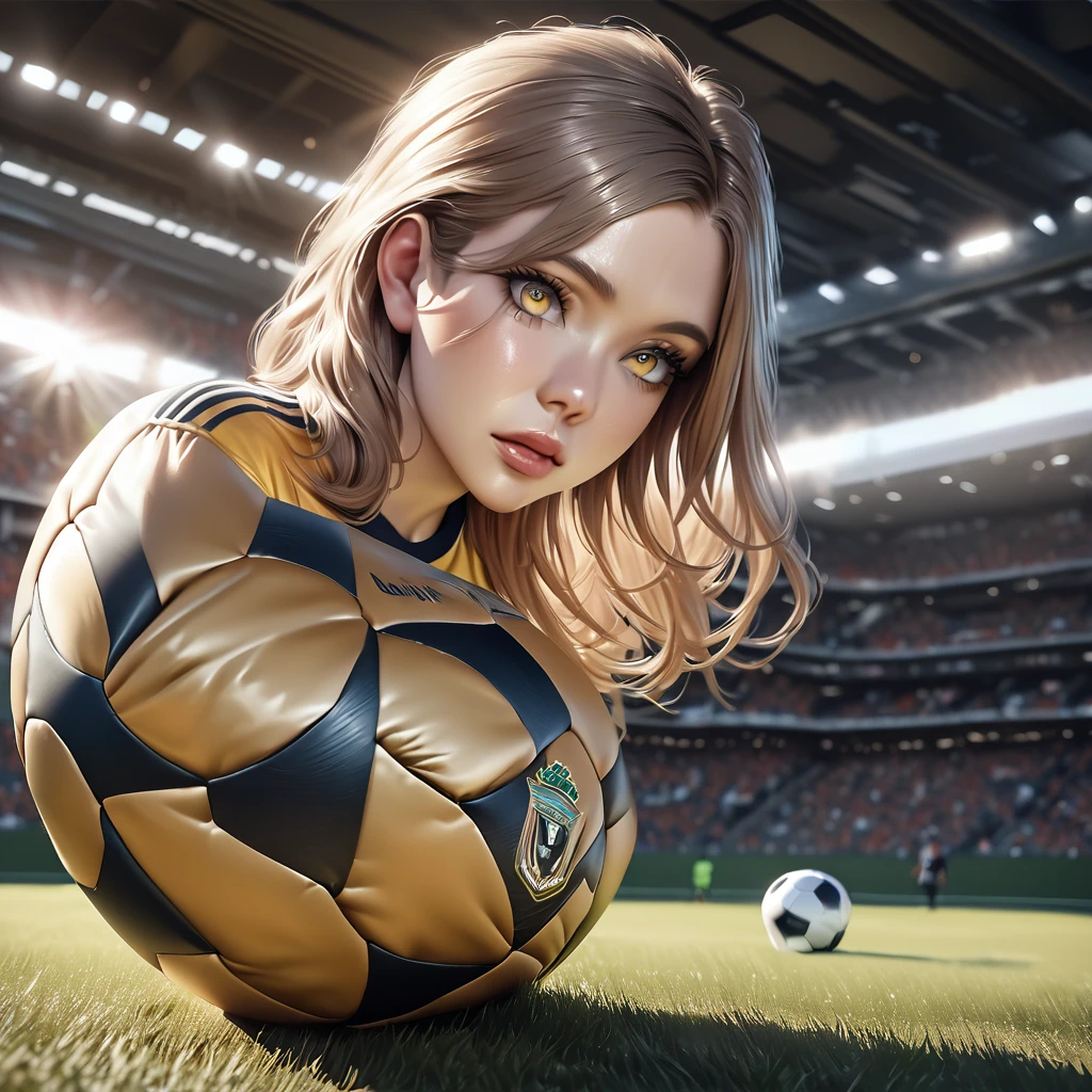 a beautiful woman holding a soccer ball, wearing a soccer jersey, medium shot, HD, ultra-detailed, photorealistic, (best quality,4k,8k,highres,masterpiece:1.2),ultra-detailed,(realistic,photorealistic,photo-realistic:1.37),HDR,UHD,studio lighting,vivid colors,physically-based rendering,professional,beautiful detailed eyes,beautiful detailed lips,extremely detailed eyes and face,longeyelashes,1girl,outdoor scene,soccer field,green grass,sunny day