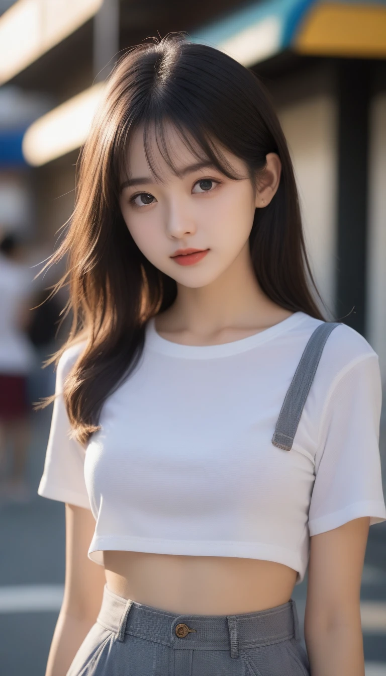 8k, Ultra-high resolution, Highest quality, masterpiece, Surreal, photograph, 1 girl, (:1.3), pretty girl, Cute Face, Beautiful eyes in every detail, 細かくdetailedに,masterpiece,, One Girl:1.2, Japan Female Announcer, One beautiful woman,Overalls,White T-shirt,mini skirt,big city boulevard,sunset,Golden Hour,Shortcuts,Black Hair,Bold Pose,Looking at the audience、beauty,Long neck、Laugh a little、Please close your mouth and laugh、(((Ideal body type))),A cup small breasts :2,、Portraiture:2、Perfect Anatomy、鮮明なdetailed、detailed、Surreal、Light and shadow,Strong light,Fashion magazine cover,Thin lips
