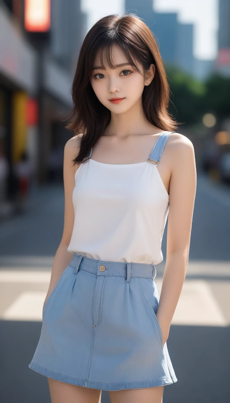 8k, Ultra-high resolution, Highest quality, masterpiece, Surreal, photograph, 1 girl, (:1.3), pretty girl, Cute Face, Beautiful eyes in every detail, 細かくdetailedに,masterpiece,, One Girl:1.2, Japan Female Announcer, One beautiful woman,Overalls,White T-shirt,mini skirt,big city boulevard,sunset,Golden Hour,Shortcuts,Black Hair,Bold Pose,Looking at the audience、beauty,Long neck、Laugh a little、Please close your mouth and laugh、(((Ideal body type))),A cup small breasts :2,、Portraiture:2、Perfect Anatomy、鮮明なdetailed、detailed、Surreal、Light and shadow,Strong light,Fashion magazine cover,Thin lips