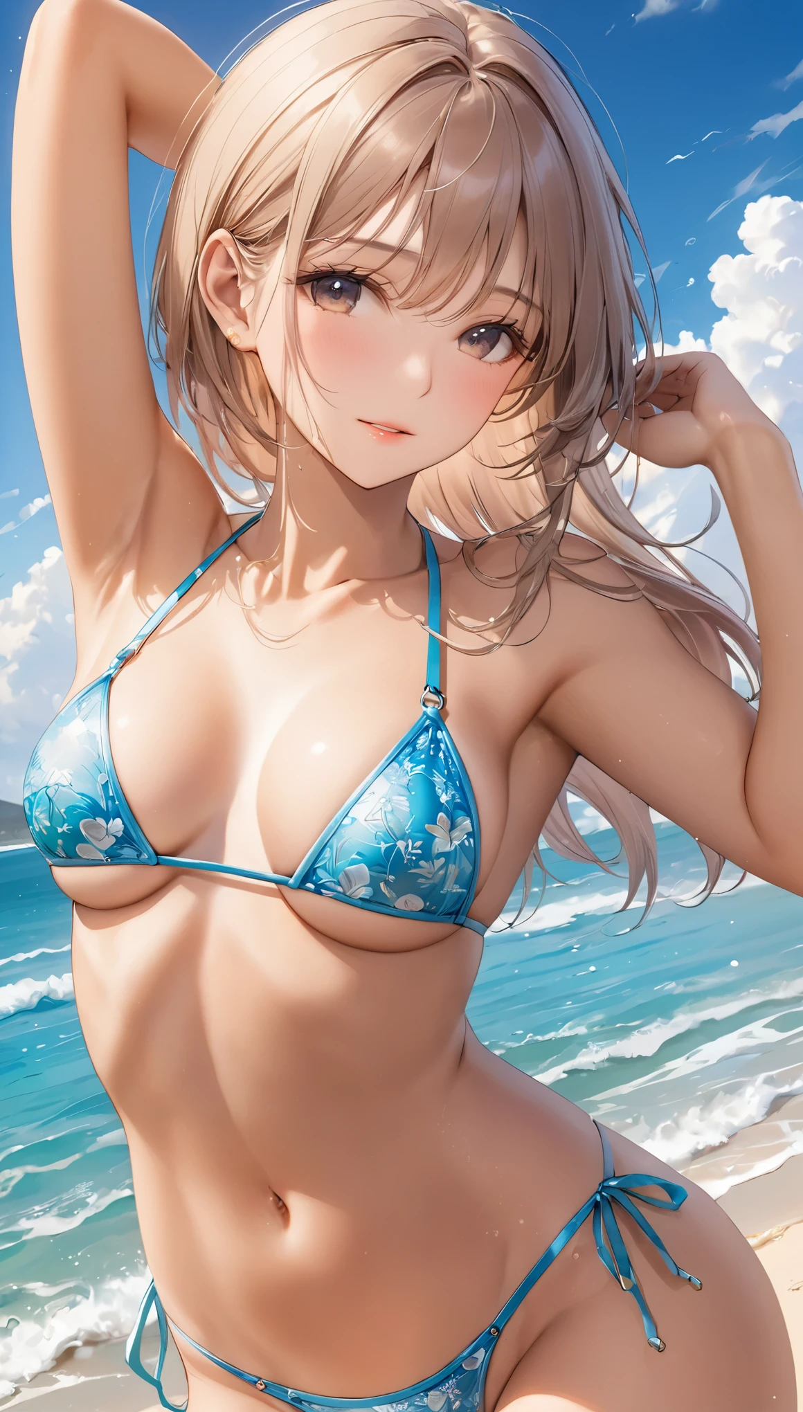 (masterpiece),(Highest quality),(Super detailed),(High resolution),(Highest quality),(An illustration),8k,woman,Shiny skin,Beautiful Skin,Beautiful Face,Micro Bikini,body shines with oil,Sandy Beach,(armpits)