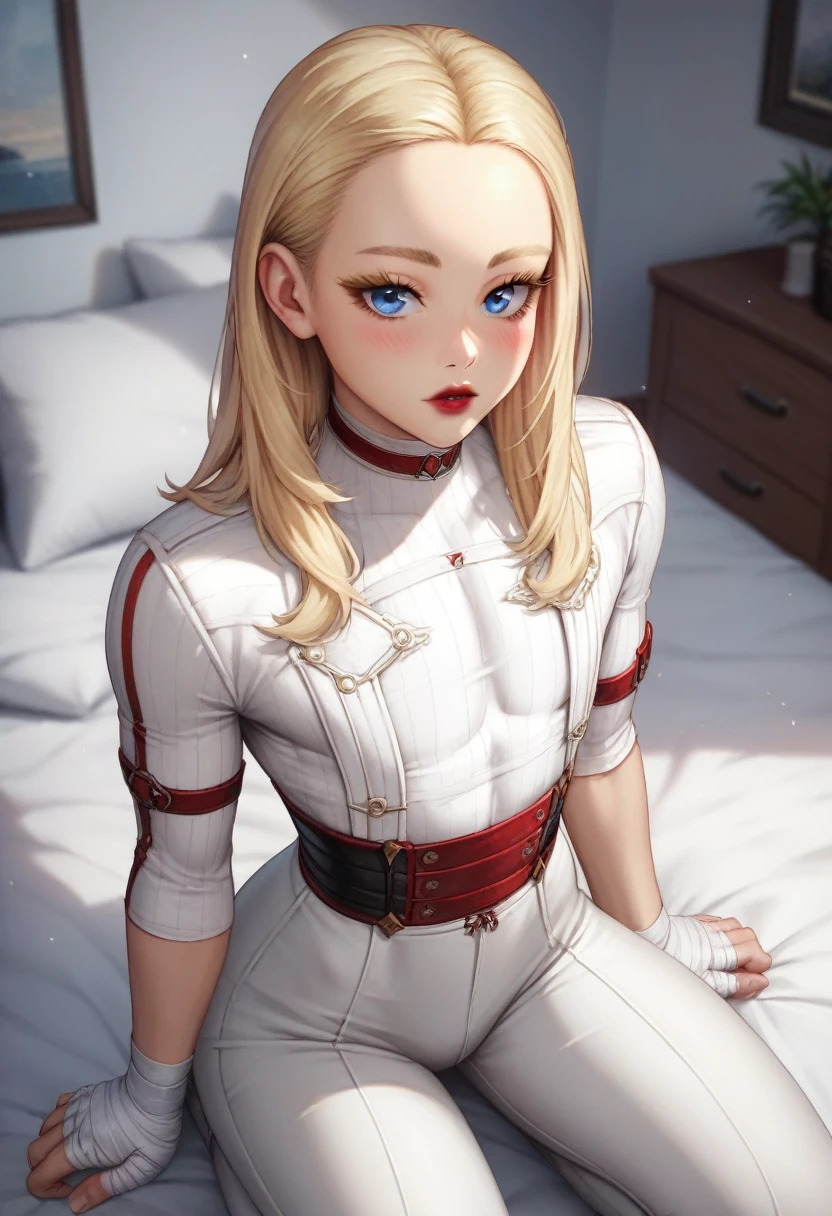 1boy, solo, black eyeliner, medium length hair, blonde hair, handsome, blue eyes, white choker, white long Bandage glove, kneeling, white pants, bed, room, red lipstick, blush, thin waist, thick eyelashes, (long eyelashes, detailed eyelashes), ((bangs on forehead)