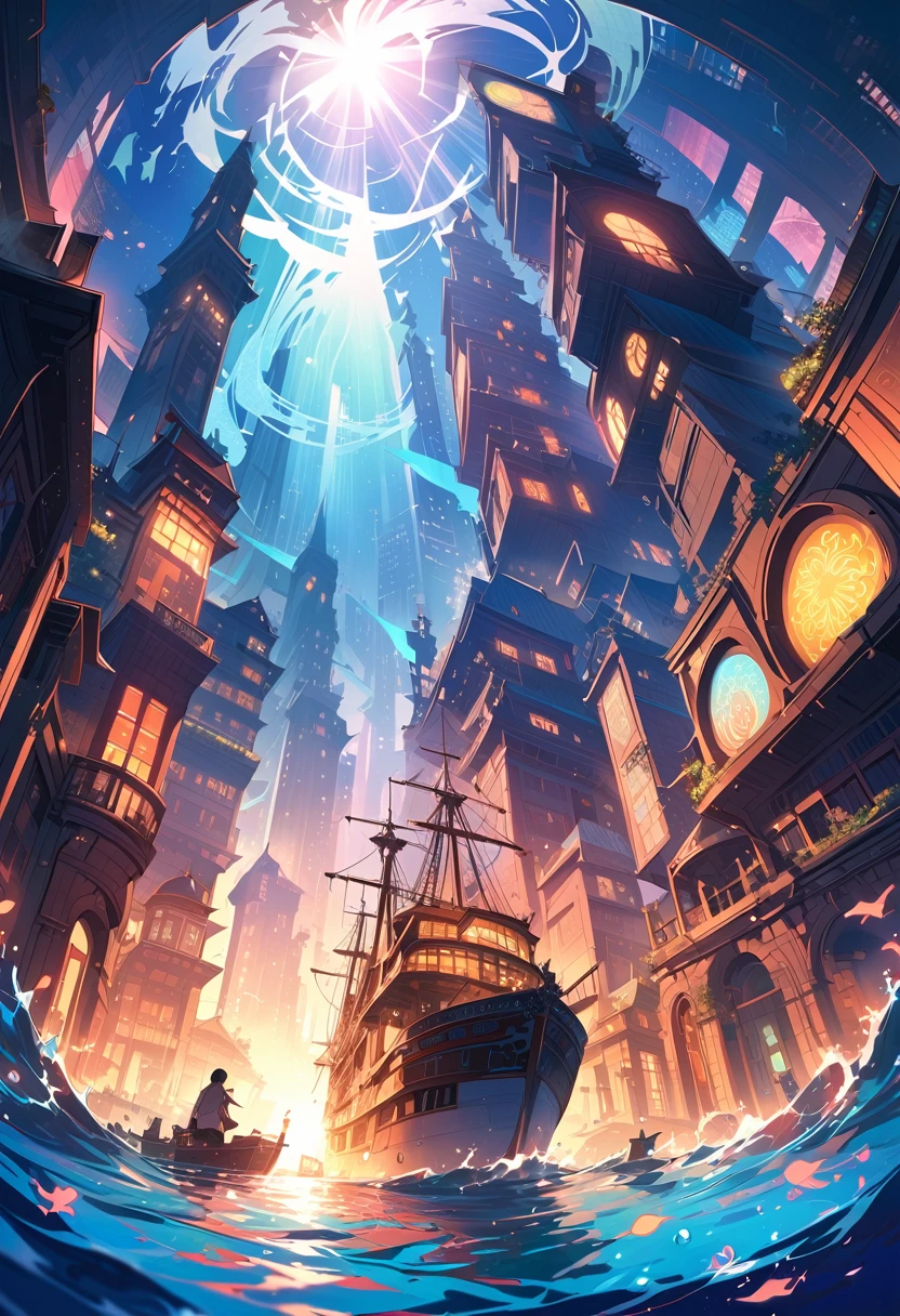 masterpiece,highest quality,ultra-detailed,high-definition background,8K,hi-res,high quality,break,An underwater city with ancient ruins and modern architecture intertwined, lush, colorful coral reefs surrounding the city, schools of vibrant fish swimming through the buildings, a serene, tranquil atmosphere with soft, ethereal lighting filtering through the water, bright sunlight streaming from the surface, creating shimmering patterns, gentle illumination from bioluminescent organisms, wide-angle shot to capture the expanse of the underwater city, slightly tilted angle to give a sense of depth and immersion, lens flare, fractal patterns, link flare, luminogram effects, multiple exposure,Christian Lassen, ghost ship, shipwreck, ancient ruins, building