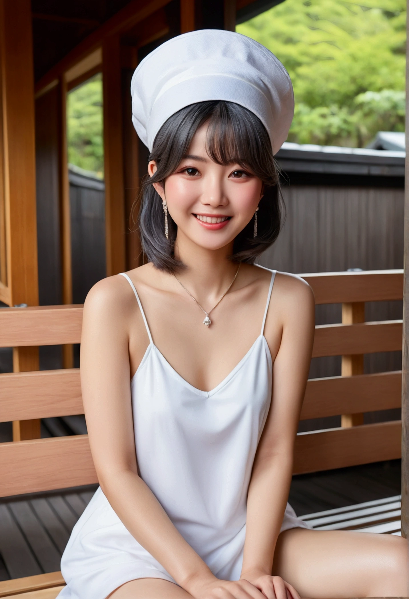 (maikurobiki)、(Cover your head with a sauna hat:1.2)、(A pure and elegant girl:1.2)、(Layered Hairstyles、Dark gray hair)、short hair、(hair ornaments:1.2)、(Full Body Shot:1.1)、(Instagram-worthy selfie poses:1.2)、huge 、(Embarrassed smile:1.2)、(Looking up at the audience)、 (Sitting on a bench in a Japanese inn:1.2)、 (RAW Photos、Realistic、Photorealistic:1.3)、Real person、High definition、Hmph、retina、(masterpiece:1.2)、Accurate、Anatomically correct、Textured skin、Super Detail、Attention to detail、high quality、Award-winning、最high quality、High resolution、1080P、hard disk、4K、8k、16K、Highly detailed face and skin texture、Detailed eyes、double eyelid、Natural Cheeks、Wet eyes:1.2、Shiny little necklace and earrings,、Glossy Lips: 1.4、(Fair skin:1.2)、(Beautiful Abs:0.65)((Spread your legs))