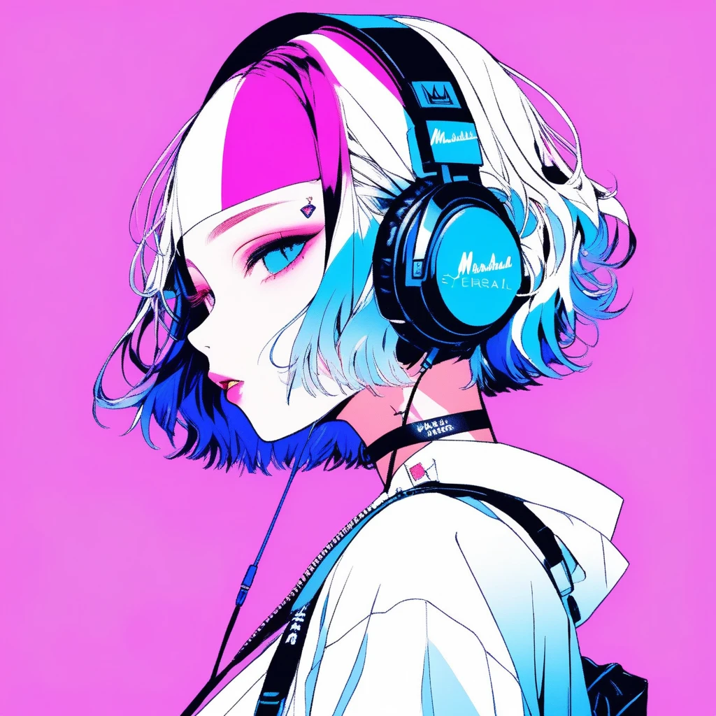 ilustrador, Japanese cartoons , Practical ,sketch , 1 girl, ,Lips, summer,Short sleeve,Order, Blue gradient background, Neon hair,Texture decoration, Canada, (masterpiece,best quality) glycerin,she is wearing black, square-shaped headphones around his neck, with the Marshall logo on them.
