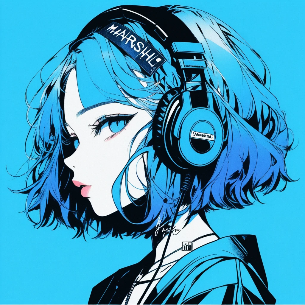 ilustrador, Japanese cartoons , Practical ,sketch , 1 girl, ,Lips, summer,Short sleeve,Order, Blue gradient background, Neon hair,Texture decoration, Canada, (masterpiece,best quality) glycerin,she is wearing black, square-shaped headphones around his neck, with the Marshall logo on them.
