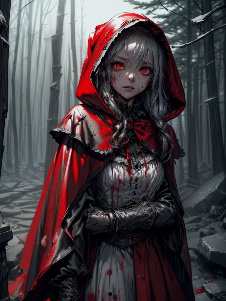 (Highest quality,4K,High resolution,masterpiece:1.2),Very detailed,Realistic:1.37,Portraiture,Dark fantasy,Red color scheme,Soft lighting,Emotional,Enchanted Forest,Ominous atmosphere,Eye-catching,Storytelling,anatomy,Anime Style,Concept Art,Beautiful detailed face and (((Red eyes ))),Flowing Hair,emotional expression,Jewelry crafted with attention to detail,A cape with an intricate pattern,Strong gaze,Feathered Cape,Subtle Shadows,Dynamic pose,Great composition,Mysterious Background,Natural elements,Moonlit Night,wood々The wind blowing between,Eerie presence,Reveal personality strengths and weaknesses,A striking contrast between the red cape and its surroundings,Fascinating story,Rich texture,Depth and Dimension,Highlight the charm and resilience of your characters. (((little red riding hood))), (Blood splatter:1.5)