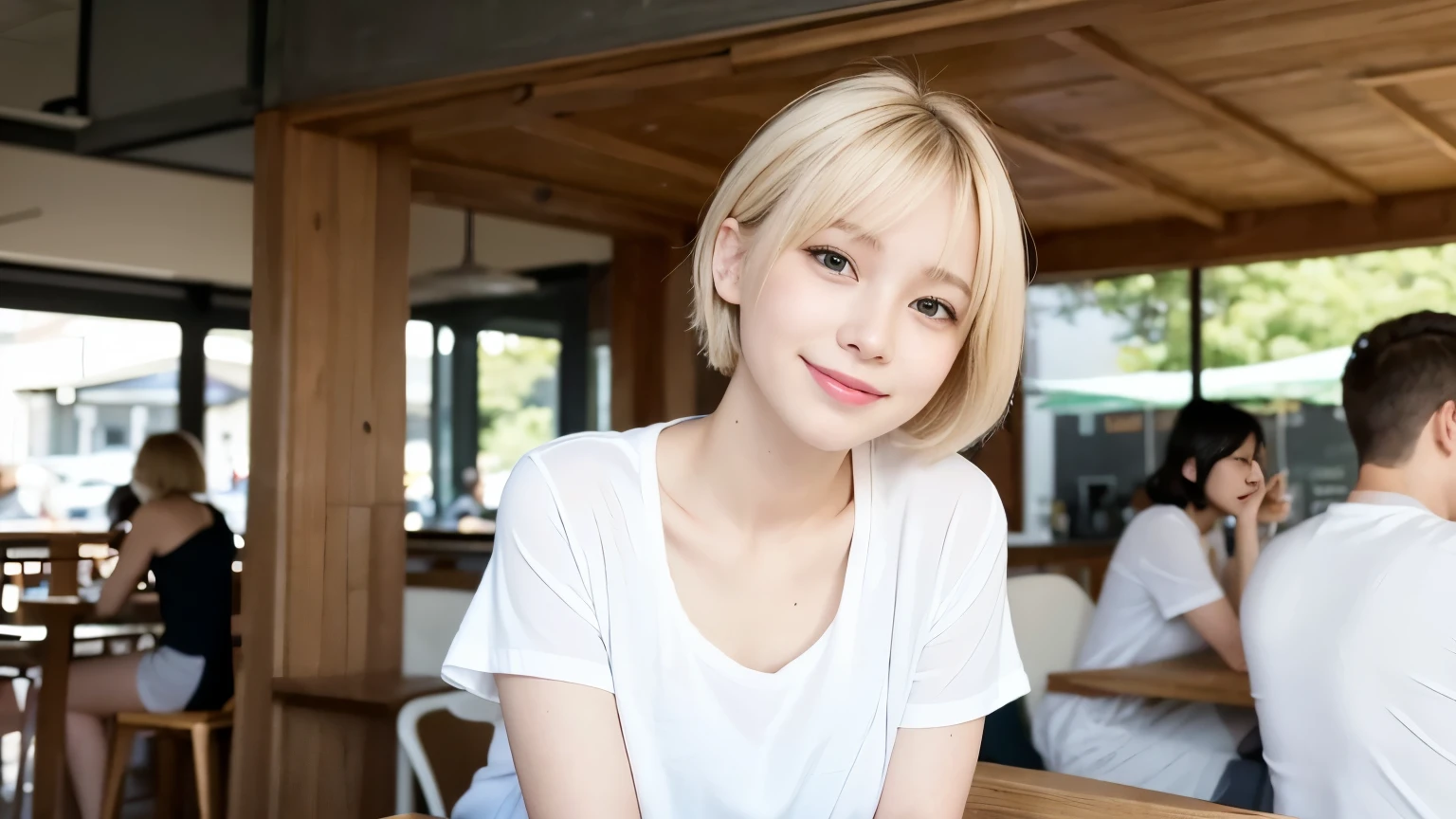 super high quality, Short Hair, Slenderのネックレス, Slender, The staff is working at the counter in the back., (8k、RAW Photos、Highest quality、masterpiece:1.2), Stylish café, The cafe is crowded with people enjoying themselves., (Realistic、Photorealistic:1.37), Female college student, Urban Cafe, Golden Ratio, Raw photo, Cute face , Small breasts, Bright cafe interior, Blurred Background, Blonde hair, Summer clothes, Cafe Terrace, Open Cafe, A kind smile, Hair blowing in the wind, Neat clothes, boyish, T-Shirts, ベリーShort Hair, 18-year-old, younger sister, Stylish clothes, 
