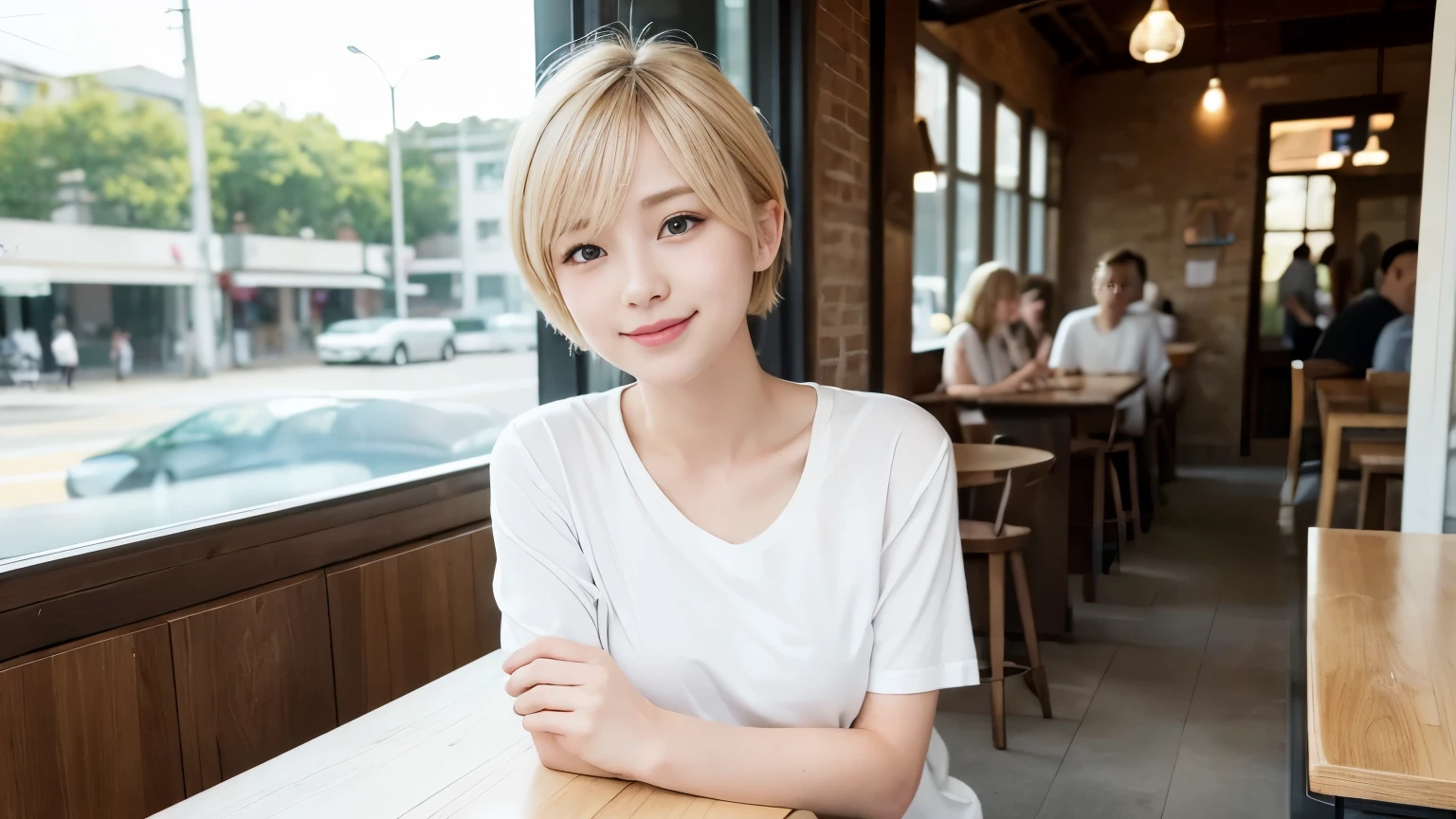 super high quality, Short Hair, Slenderのネックレス, Slender, The staff is working at the counter in the back., (8k、RAW Photos、Highest quality、masterpiece:1.2), Stylish café, The cafe is crowded with people enjoying themselves., (Realistic、Photorealistic:1.37), Female college student, Urban Cafe, Golden Ratio, Raw photo, Cute face , Small breasts, Bright cafe interior, Blurred Background, Blonde hair, Summer clothes, Cafe Terrace, Open Cafe, A kind smile, Hair blowing in the wind, Neat clothes, boyish, T-Shirts, ベリーShort Hair, 18-year-old, younger sister, Stylish clothes,