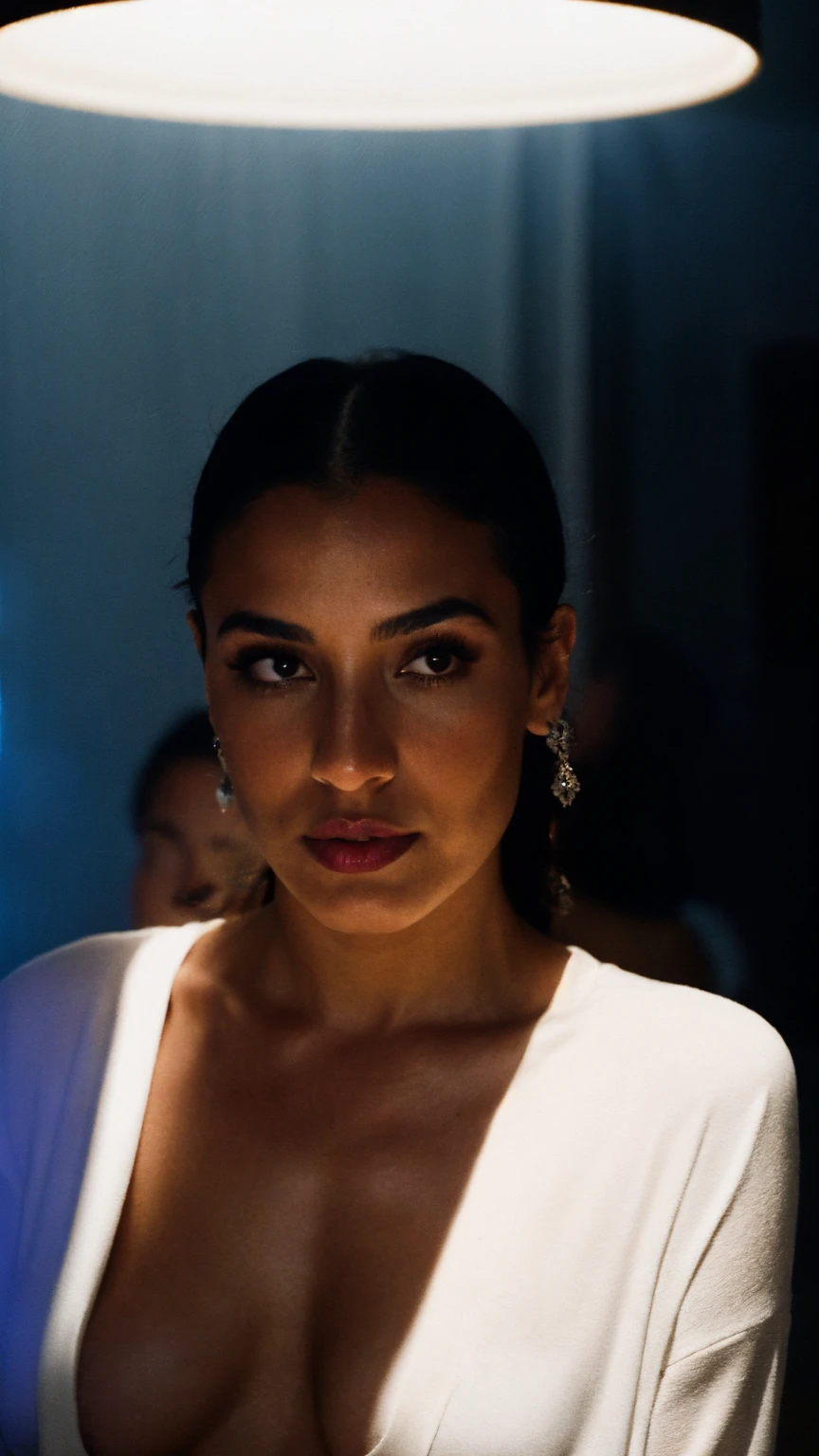 RAW photo,dark,moody,hazy atmosphere,35mm focal lenght,underexposed,cold,candid photograph,artistic,photograph of a beautiful,influencer,30yo Moroccan woman,detailed skin,fully naked,looking at viewer, candid pose,bright room,blue light, film grain, kodak color, instagram LUT