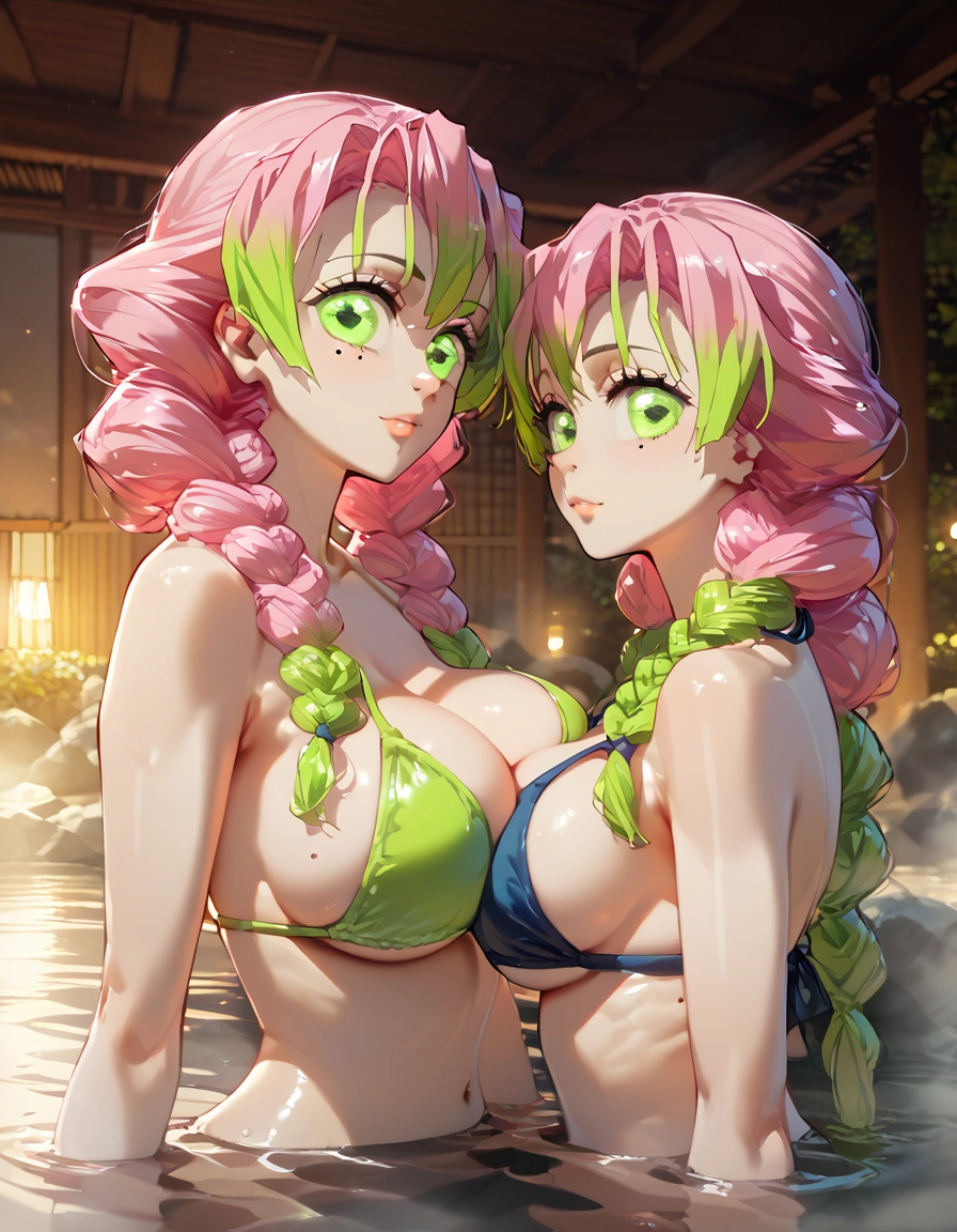 score_9, score_8_up, score_7_up, score_6_up,ChopioMitsuri, long hair, pink hair, green hair, twin braids, multicolored hair, green eyes, eyelashes, mole under eye, looking at viewer, large breasts, bikini, lime bikini, big tits, indoors, onsen