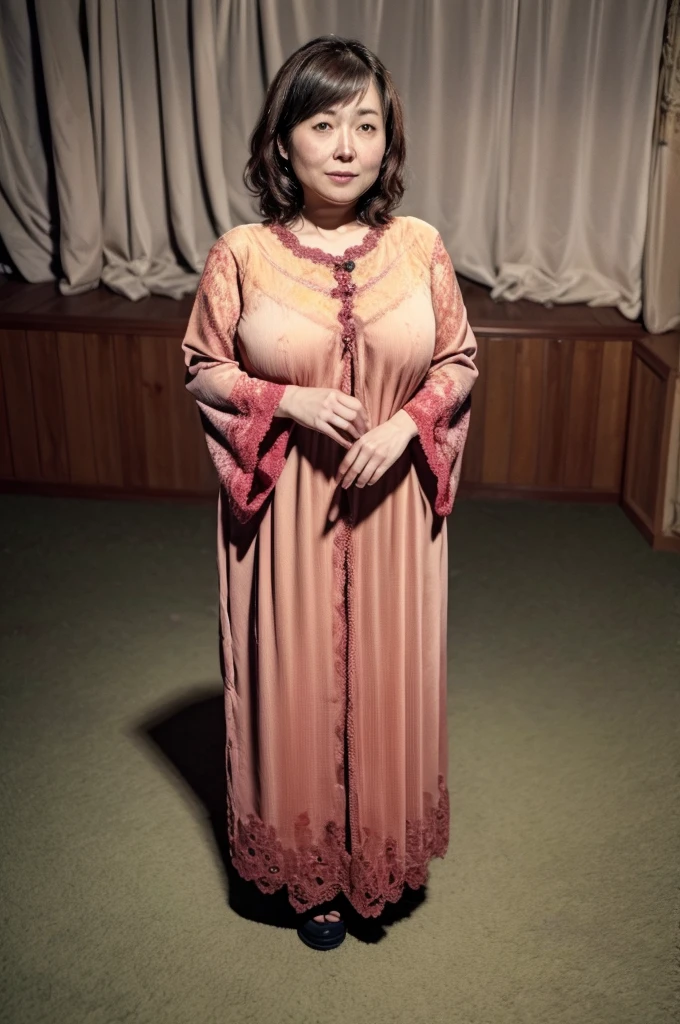 Japanese woman in her 40s。Quite fat。Her measurements are 110cm、85、108。Standing without clothes in a brightly lit room。