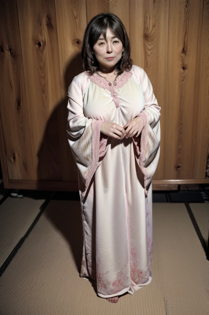 Japanese woman in her 40s。Quite fat。Her measurements are 110cm、85、108。Standing without clothes in a brightly lit room。