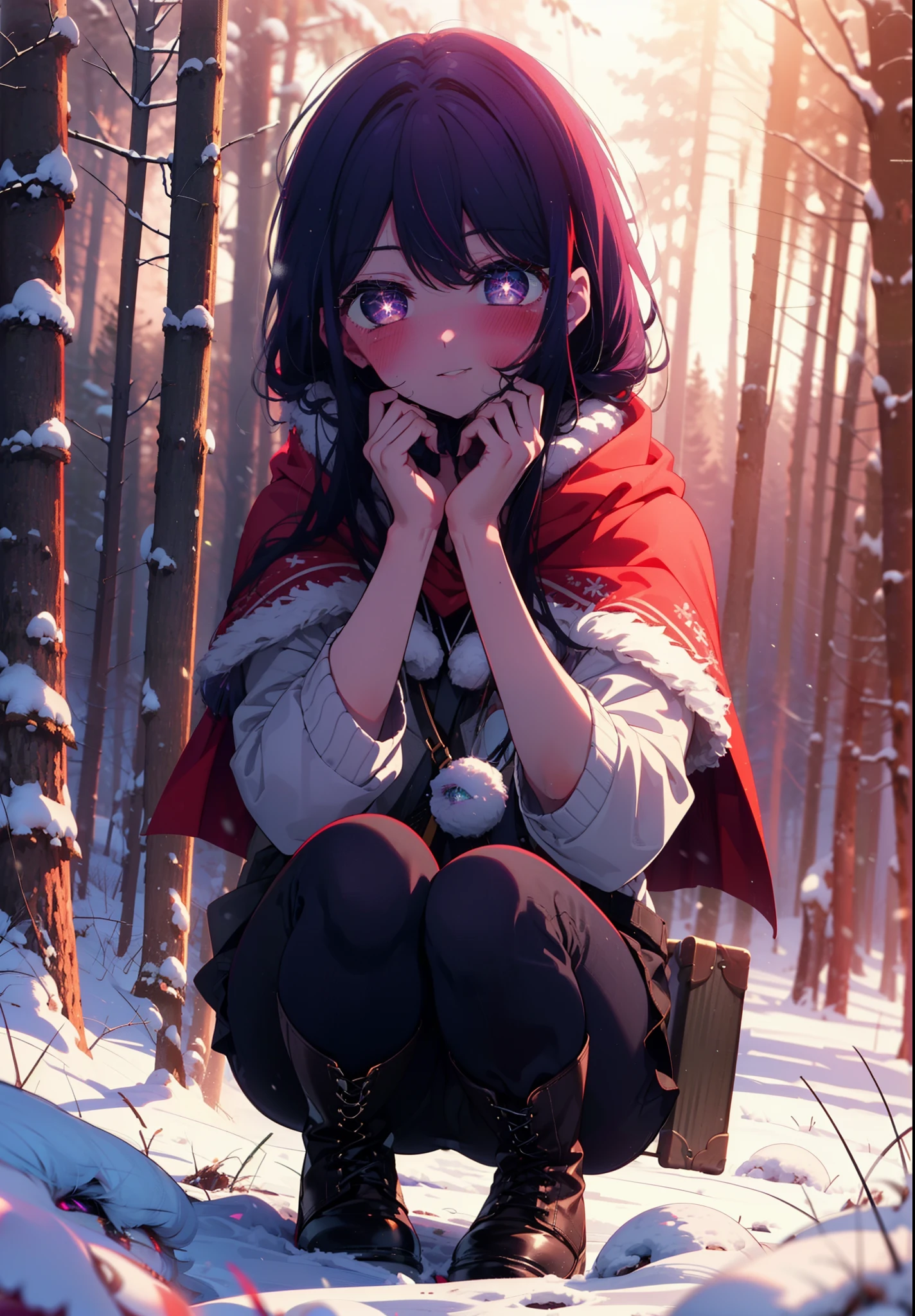 aihoshino, Ai Hoshino, Long Hair, bangs, (Purple eyes:1.1), Purple Hair, (Symbol-shaped pupil:1.5), smile,,smile,blush,white breath,
Open your mouth,snow,Ground bonfire, Outdoor, boots, snowing, From the side, wood, suitcase, Cape, Blurred, , forest, White handbag, nature, Squat, Mouth closed, Cape, winter, Written boundary depth, Black shoes, red Cape break looking at viewer, Upper Body, whole body, break Outdoor, forest, nature, break (masterpiece:1.2), Highest quality, High resolution, unity 8k wallpaper, (shape:0.8), (Beautiful and beautiful eyes:1.6), Highly detailed face, Perfect lighting, Highly detailed CG, (Perfect hands, Perfect Anatomy),