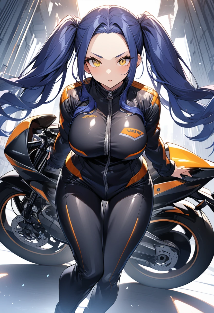 Beautiful woman, Very sexy body, Detailed medium chest, Look straight into the camera, (One very tall woman,Navy Blue Hair,Her hairstyle is twin tails that expose her forehead.,Large Breasts,yellow eyes,Dynamic Angle) Black simple zippered jacket、Motorcycle rider suit with zipper