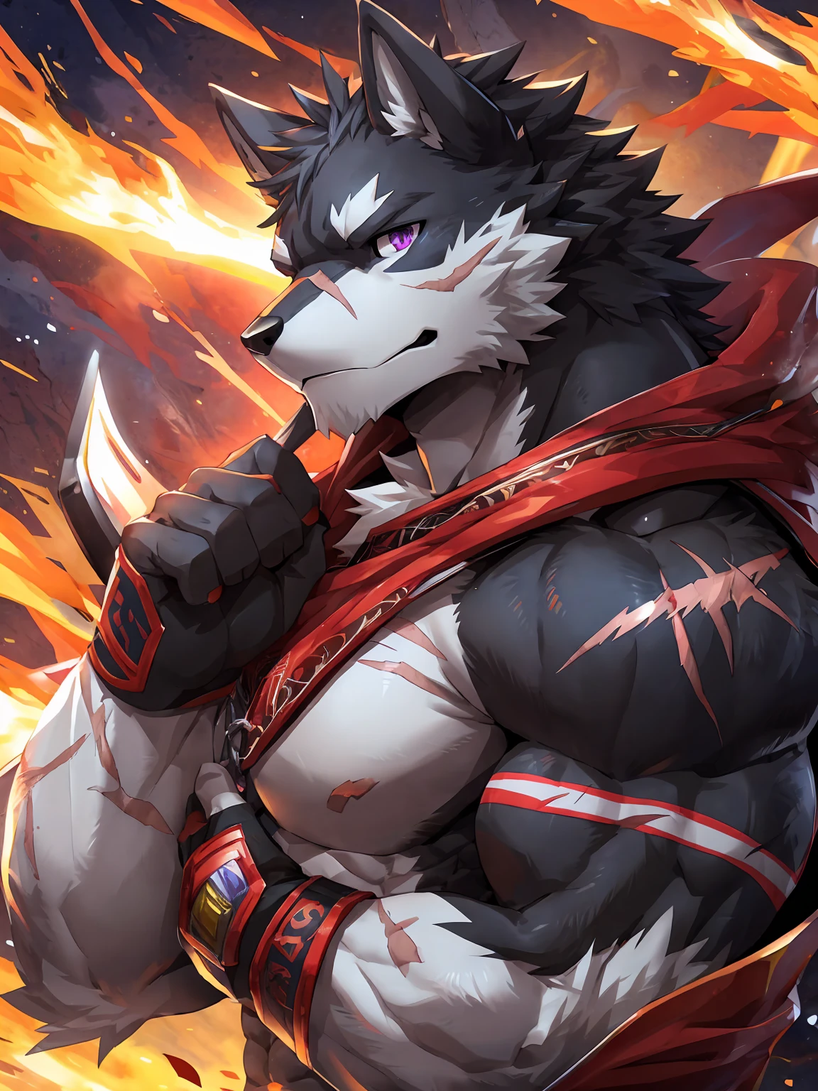 embedding:black wolf, male,purple eyes,Scar on the face, scar on the body,Single person,Profile photo.Cool,The highest quality of scene detail,adult,powerful,muscle，Best quality hands, best quality eye，detailed fur，Delicate eyes.Extreme picture quality，by sollyz,by zixiong,by forgetch