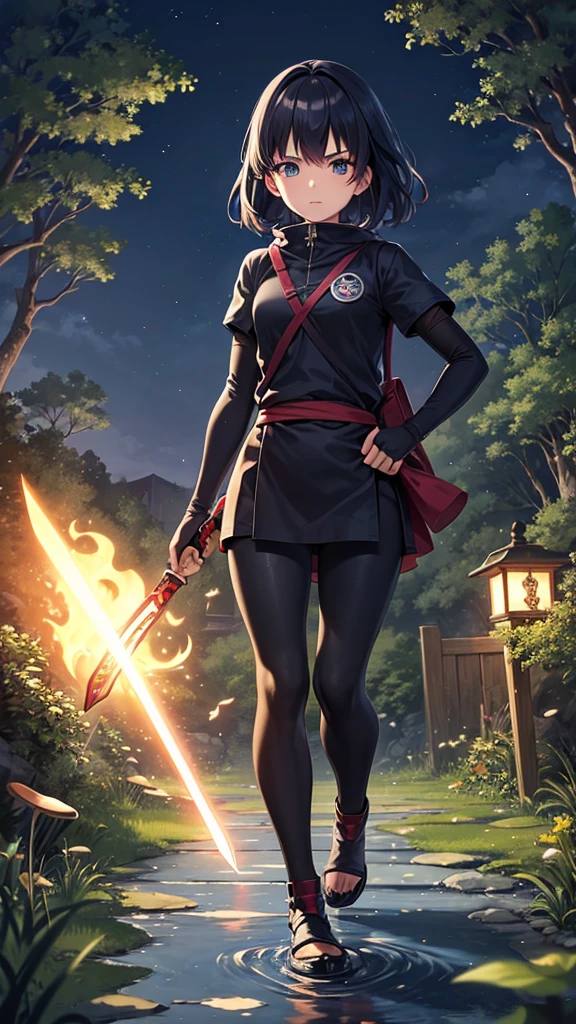 Masterpiece, top quality, 8k, girl in Ghibli style ninja outfit walking slowly alone, 15 years old, with magically glowing sword, very dark underwater night, colorful lights from mushrooms and fish.