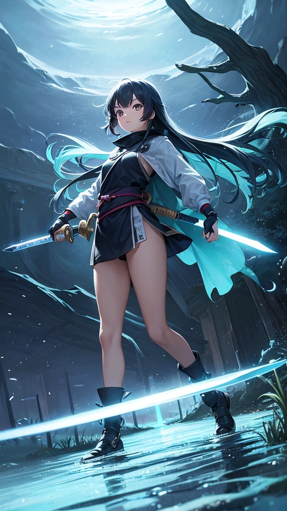 Masterpiece, top quality, 8k, girl in Ghibli style ninja outfit walking slowly alone, 15 years old, with magically glowing sword, very dark underwater night, colorful lights from mushrooms and fish.
