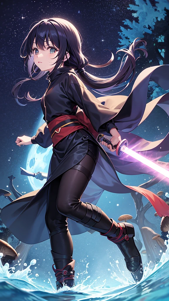 Masterpiece, top quality, 8k, girl in Ghibli style ninja outfit walking slowly alone, 15 years old, with magically glowing sword, very dark underwater night, colorful lights from mushrooms and fish.